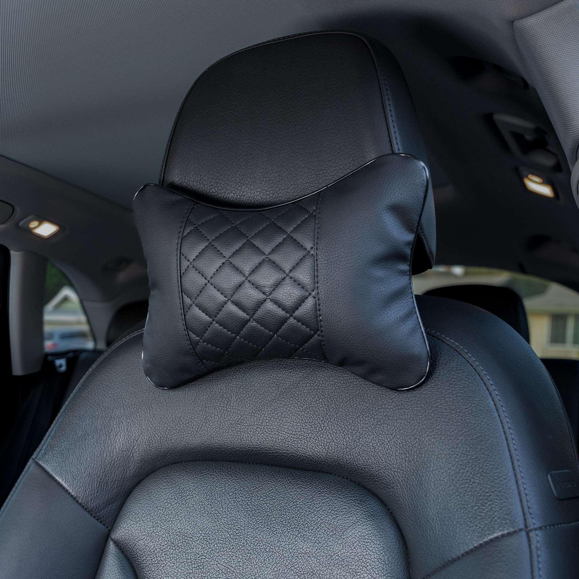 Set of 2 Quilted Faux Leather Car Headrest Pillow, Black Case/Black Threading, Ergonomic Neck Support for Comfortable Driving