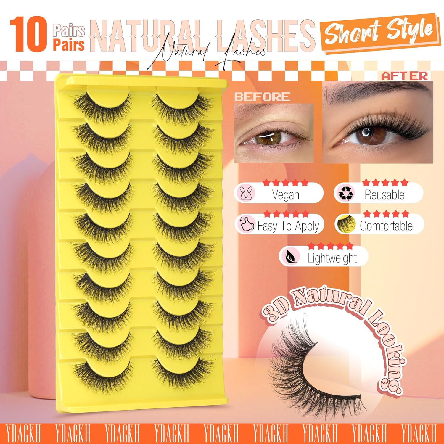 Natural Lashes 14mm Short False Eyelashes Natural Look Fox Eye Faux Mink Lashes Wispy Strip Lashes Cat Eye Lashes Thin Band Fake Lashes 10 Pairs Pack Soft