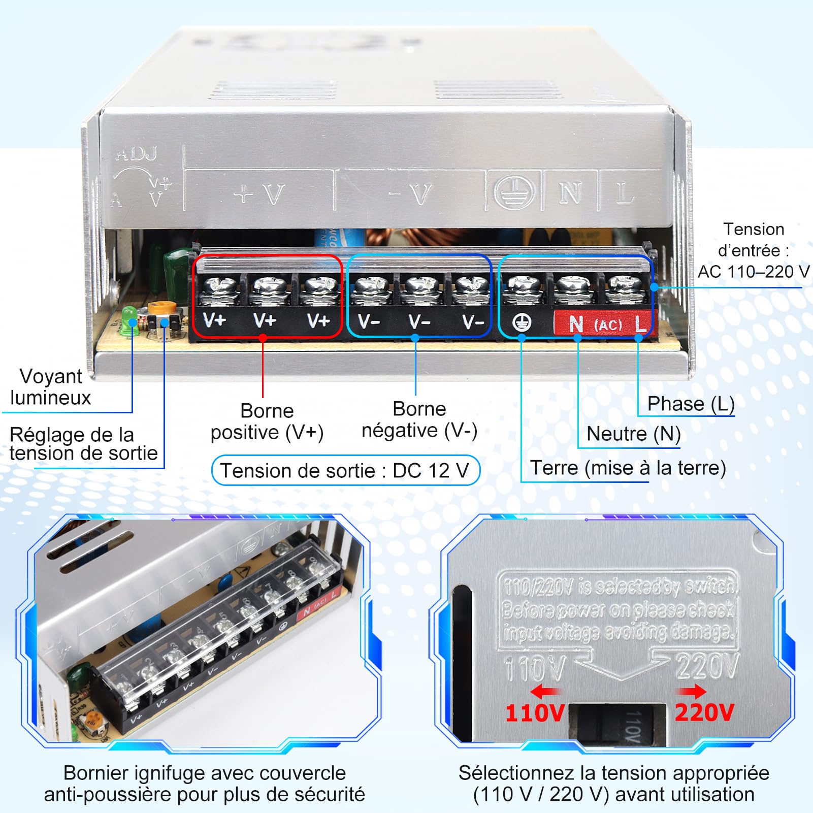 inShareplus Alimentation 12V 30A 360W pour LED, Alimentation à Découpage DC Régulée, Transformateur 230V vers 12V, Adaptateur Secteur pour Ruban LED, Imprimante 3D, Radio, Projets Électroniques