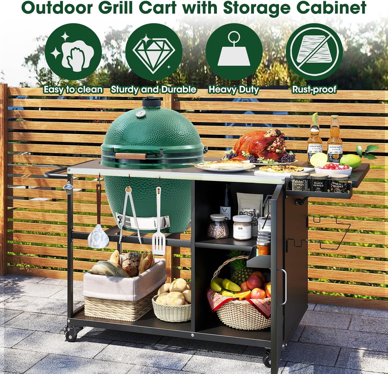 Big Green Egg Grill Cart,Heavy Metal Outdoor Grill Stand Prep Table with Wheels,Plenty of Storage,Grill Table for Big Green Egg and Kamado Joe Classic,Fits Small,Medium and Large Big Green Eggs