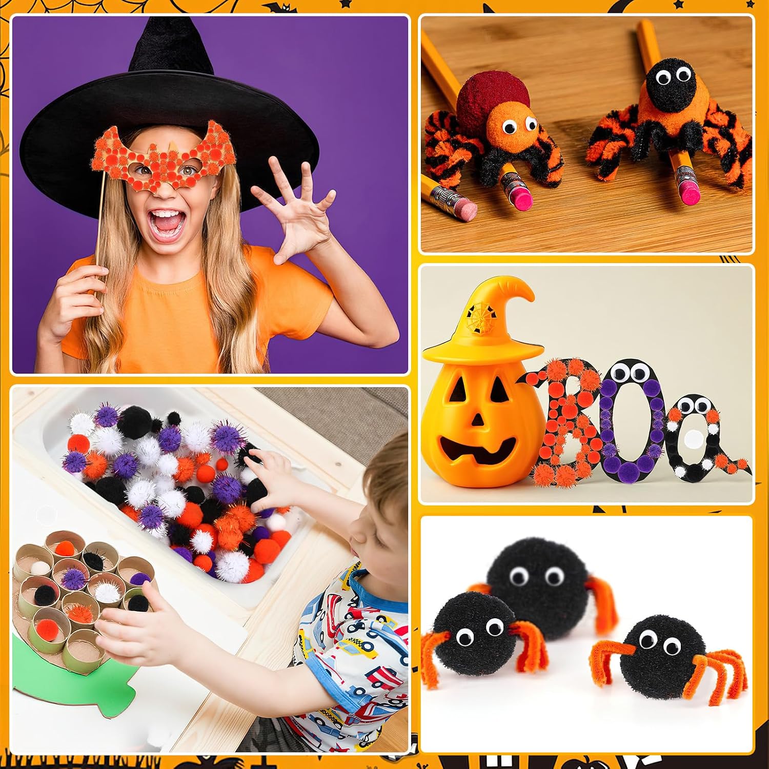 DTOFOOT 800PCS Halloween Pom Poms Kit for DIY Craft | 650 Fluffy Pompom Balls, 150 Self Adhesive Wiggle Eyes, Halloween Party DIY Art Craft, School Classroom Project Supplies