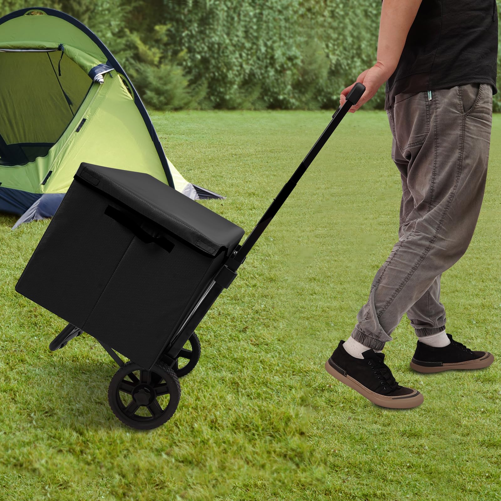 Faltbarer Einkaufswagen mit 64L Tasche aus Oxford-Stoff, robustem Stahlrahmen & 2 Rädern, abnehmbare Einkaufstasche mit Deckel, hoher Tragkraft 80kg, Trolley für Einkauf & Reisen (Schwarz)