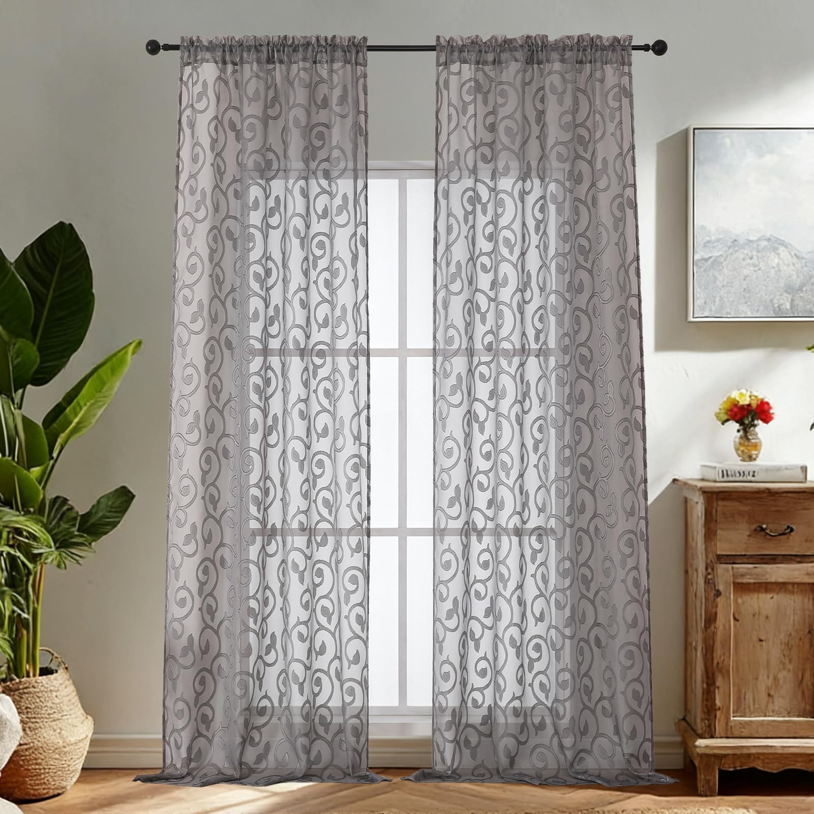 Simplebrand Sage Green Sheer Voile Curtains with Embroidered Pattern, 2 Panels 140x245cm, Dual Rod Pocket Light Filtering Floor Length Curtains