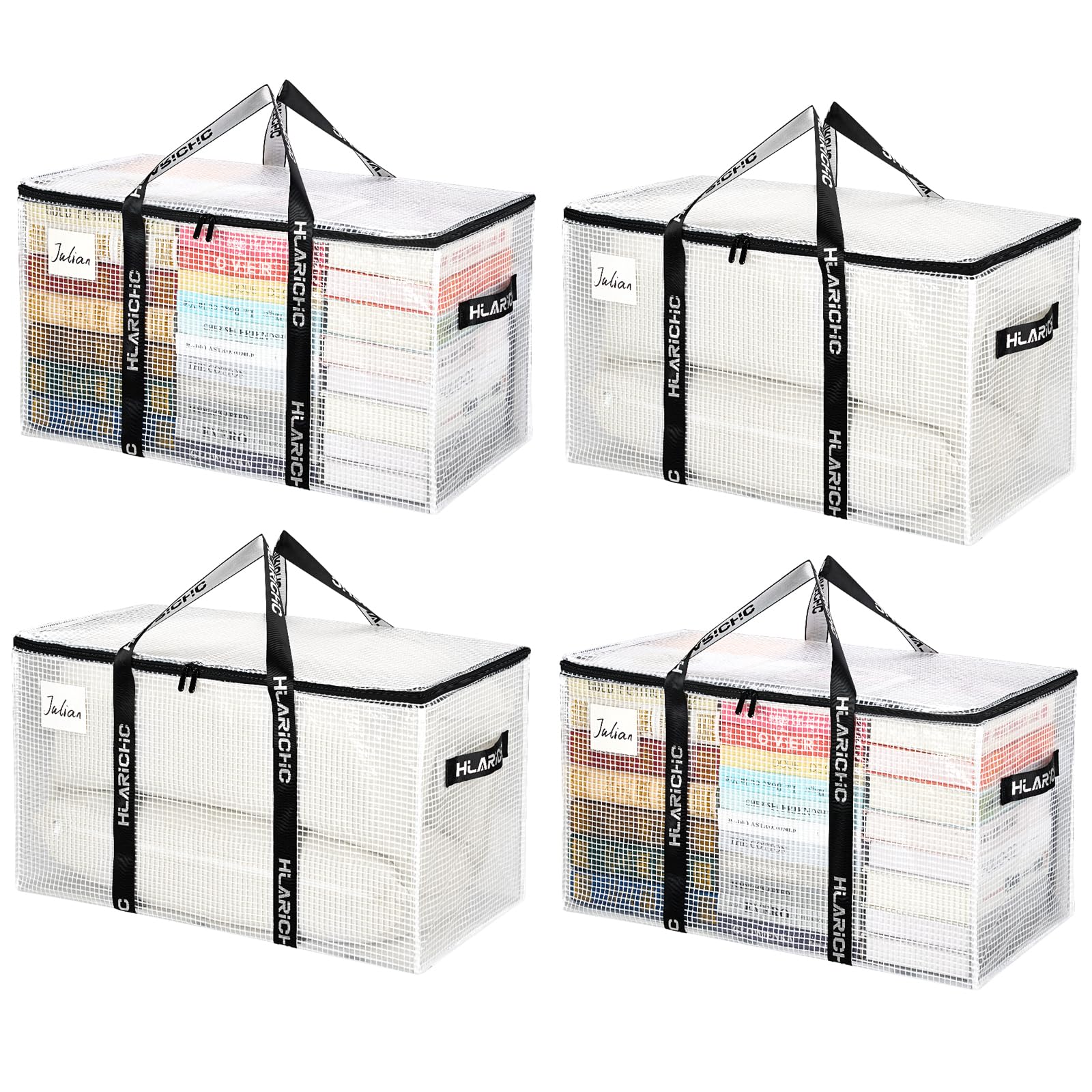 Hilarichic Heavy Duty Moving Bags 97L - Extra Large Storage Bags for Clothes with Strong Zipper & Comfortable Handles, Packing Boxes for Moving House, College Dorm, 4 Pack, Clear, Virgin PE Material