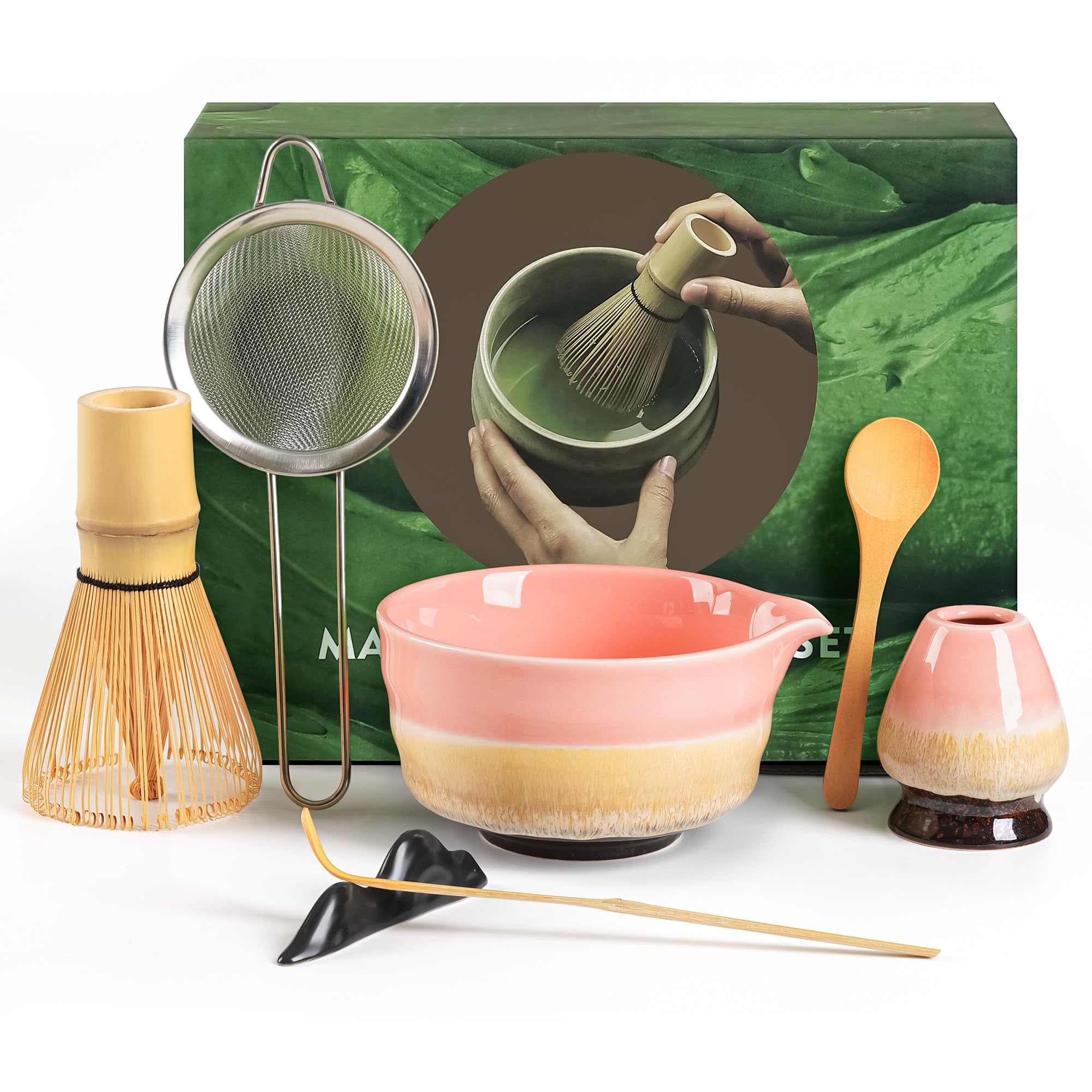 Matcha Kit para Principiantes - Set de 7 Piezas Incluye: Tazón (Chawan), Batidor de Bambú (Chasen), Cuchara, Tamiz, Soportes y Base - Kit de Té Matcha Artesanal