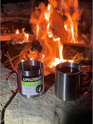 Miniatura 3 de Life Gear Taza de acero inoxidable de doble pared con asa de mosquetón portátil para escalada senderismo mochileros o campamento 10 onzas