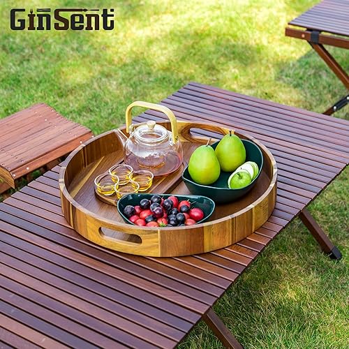 Miniatura 4 de Bandeja redonda de madera con asas, bandejas de madera de gran diámetro de 20 pulgadas para otomana, bandeja circular de madera de acacia rústica