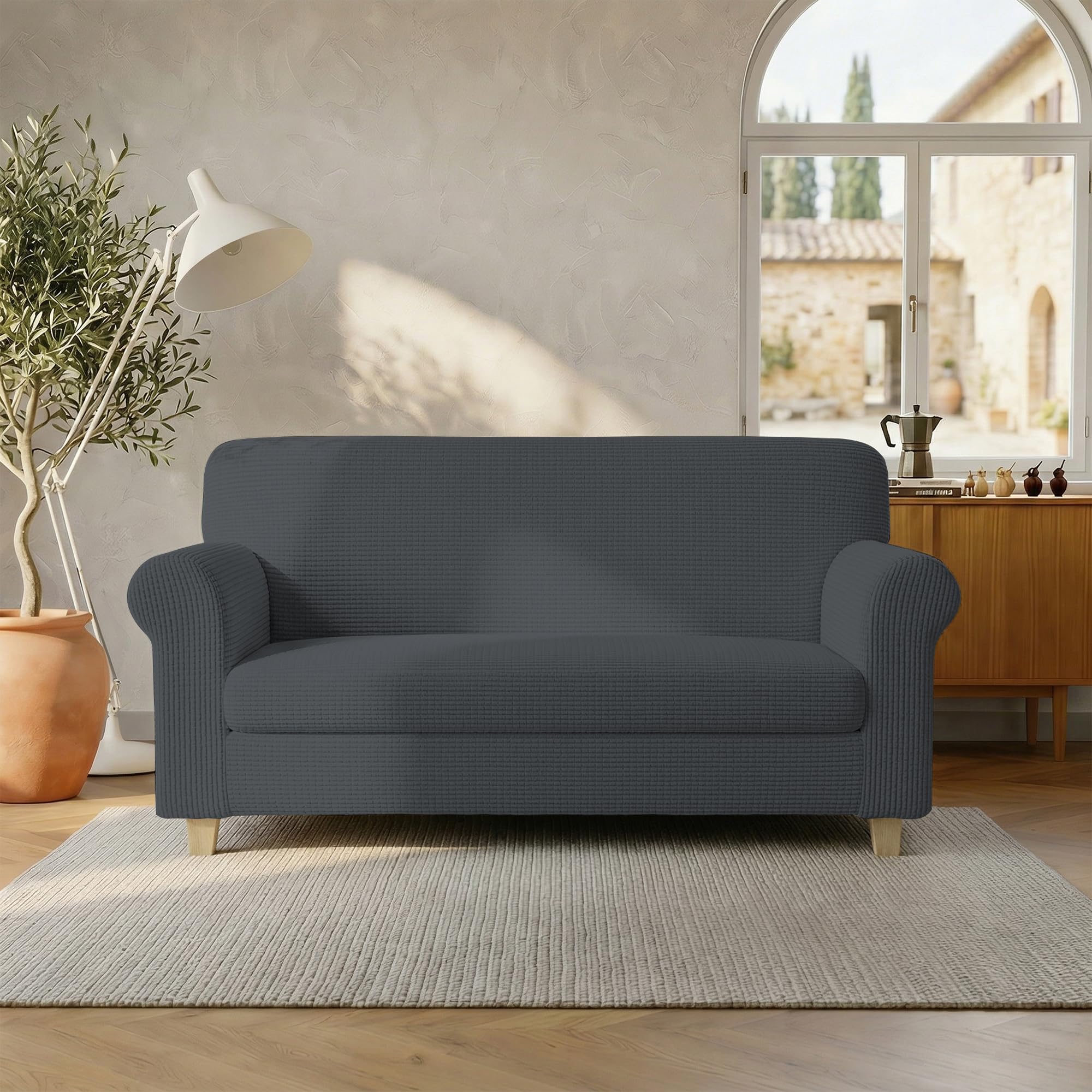 Italian Bed Linen LESLIE Elastic Stretch Sofa Cover, Dark Grey 2 Seater