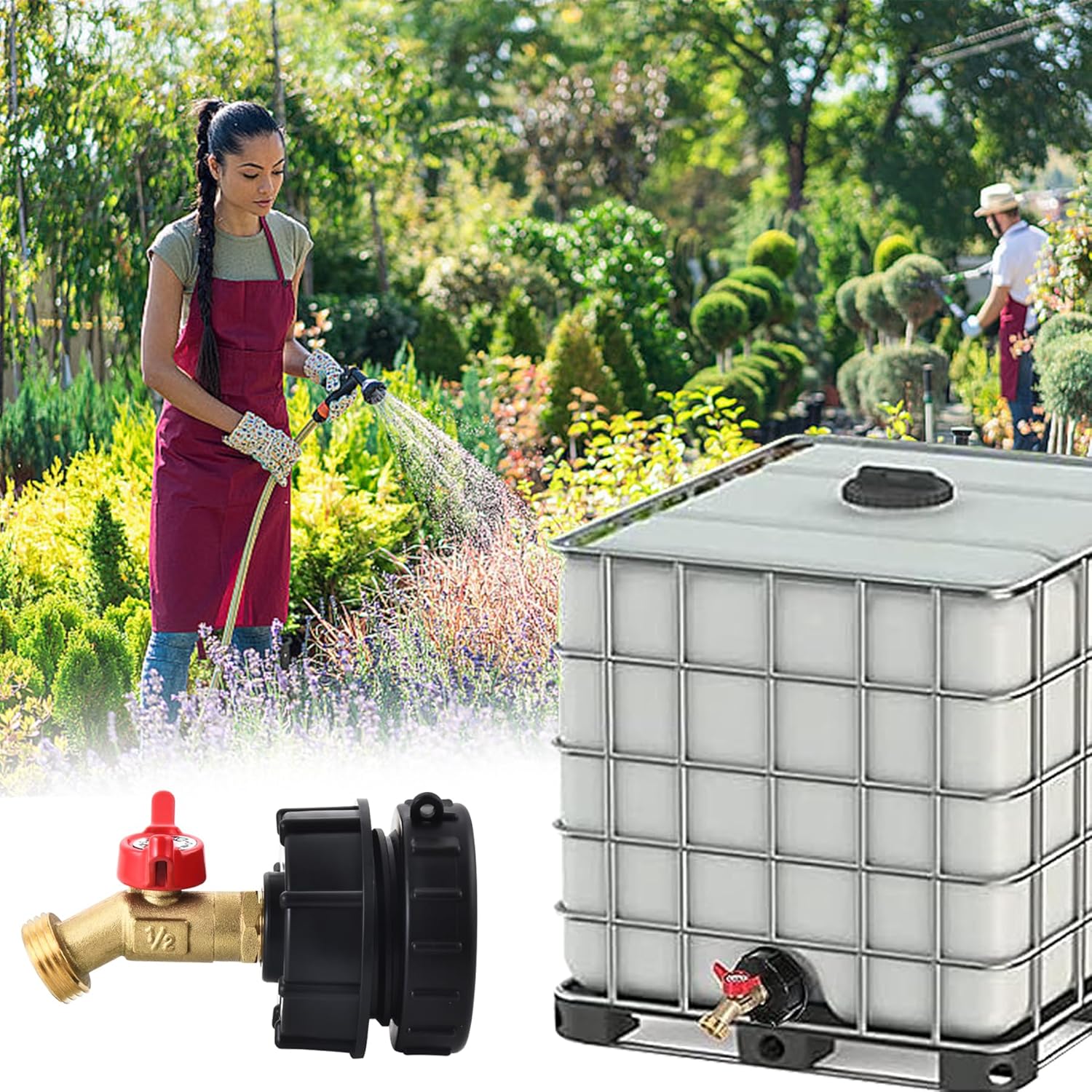 275-330 Gallon IBC Tote Tank Adapter,2.44" Fine Thread + Garden Hose Valve Faucet,3/4" GHT Garden Hose Connection to IBC Tote thumbnail