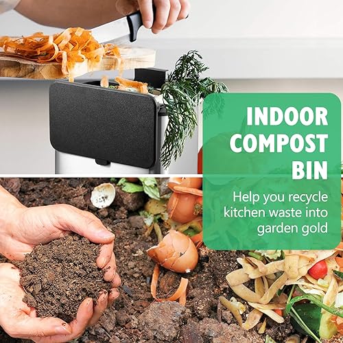 Miniatura 7 de Contenedor de compostaje para cocina, contenedor de compost de acero inoxidable, contenedor de compost interior con 1 filtro de carbón adicional,