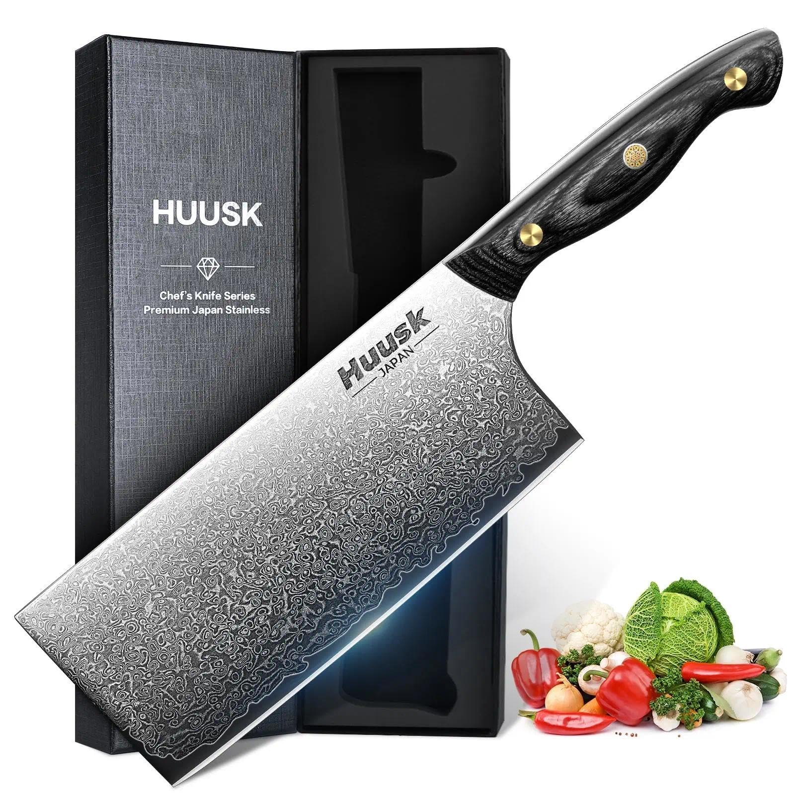 - Huusk Damascus Cleaver Knife 7 inch, VG10 Butcher Knives for Meat Cutting, Kitchen Knives with Wood Handle for Chopper Vegetables, Hand Forged Chooping Knives, Christmas Gift for Men and Women