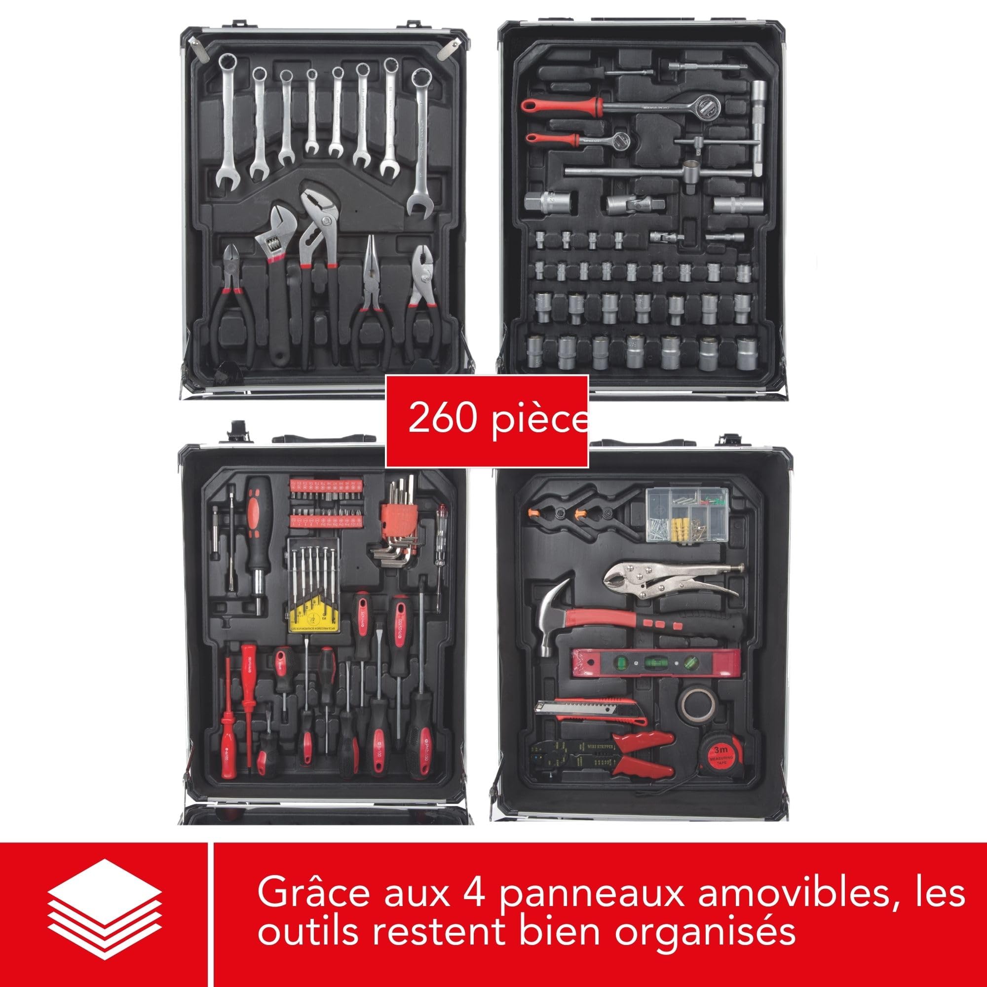 Toolland Chariot à outils rempli, 260 pièces, y compris le contenu, avec 4 plateaux amovibles, sur roues.