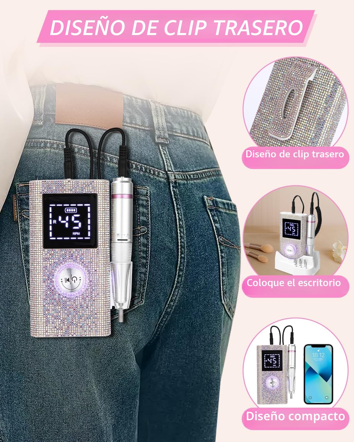 Torno para Uñas Profesional 45000 RPM,Torno de Uñas Inalambrico Pulidor Lima Electrica Uñas Portatil para Semipermanentes Acrilicas Manicura y Pedicura, Baja Vibración, Salón DIY
