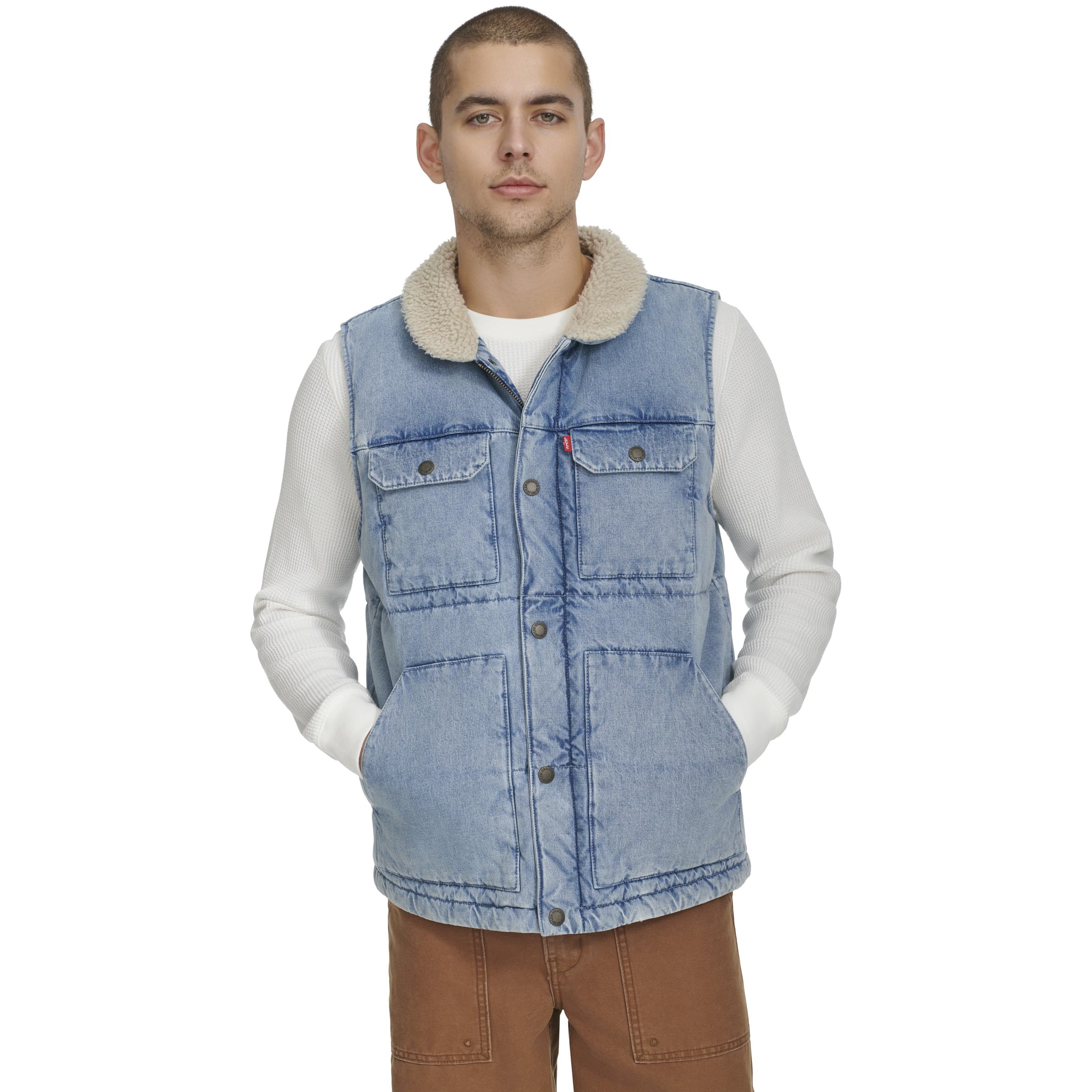Levi's Men's Mixed Media Quilted Puffer Jacket with Sherpa Lined Collar (Regular and Big & Tall Sizes), Light Wash Denim Vest, L