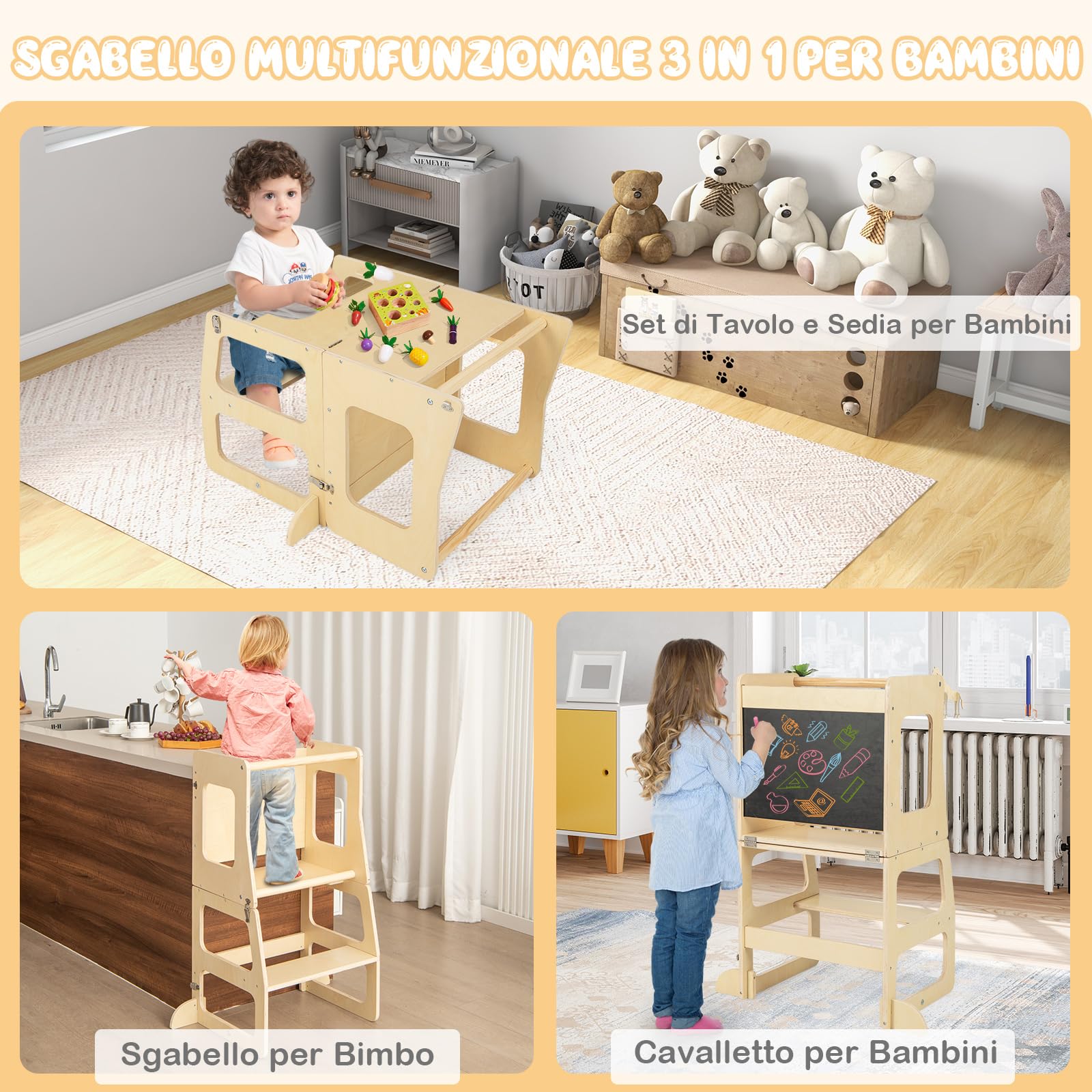 RELAX4LIFE 3 in 1 Torre Montessoriana per Bambini, Torre di Apprendimento Pieghevole, Learning Tower con Lavagna, Convertibile in Tavolo+Sedia per Bambini 3+ Anni