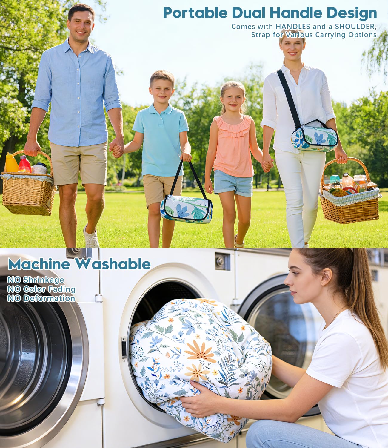 DEWUR Couverture de Pique-Nique imperméable Lavable Couverture de Plage Sandfrei XXL Couverture de Camping Tapis de Plage isolé avec Dessous imperméable (Blanc avec des Fleurs, 200 x 200 cm)
