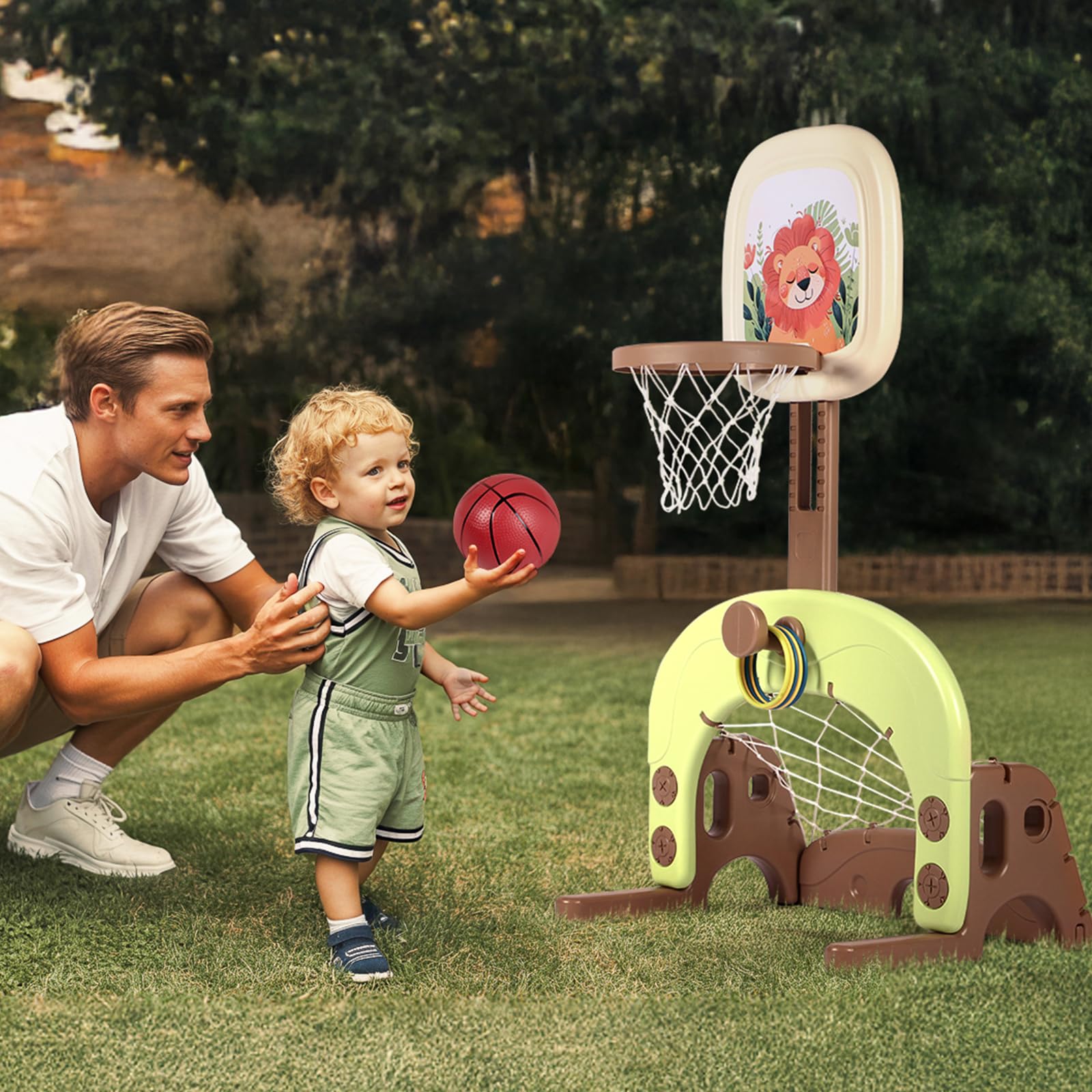 3-in-1 Basketballkorb-Set für Kinder, höhenverstellbares Sportaktivitätscenter mit Basketball, Fußball und Ringwurfspiel, Indoor-Outdoor-Spielzeug für Jungen und Mädchen ab 3–6 Jahren