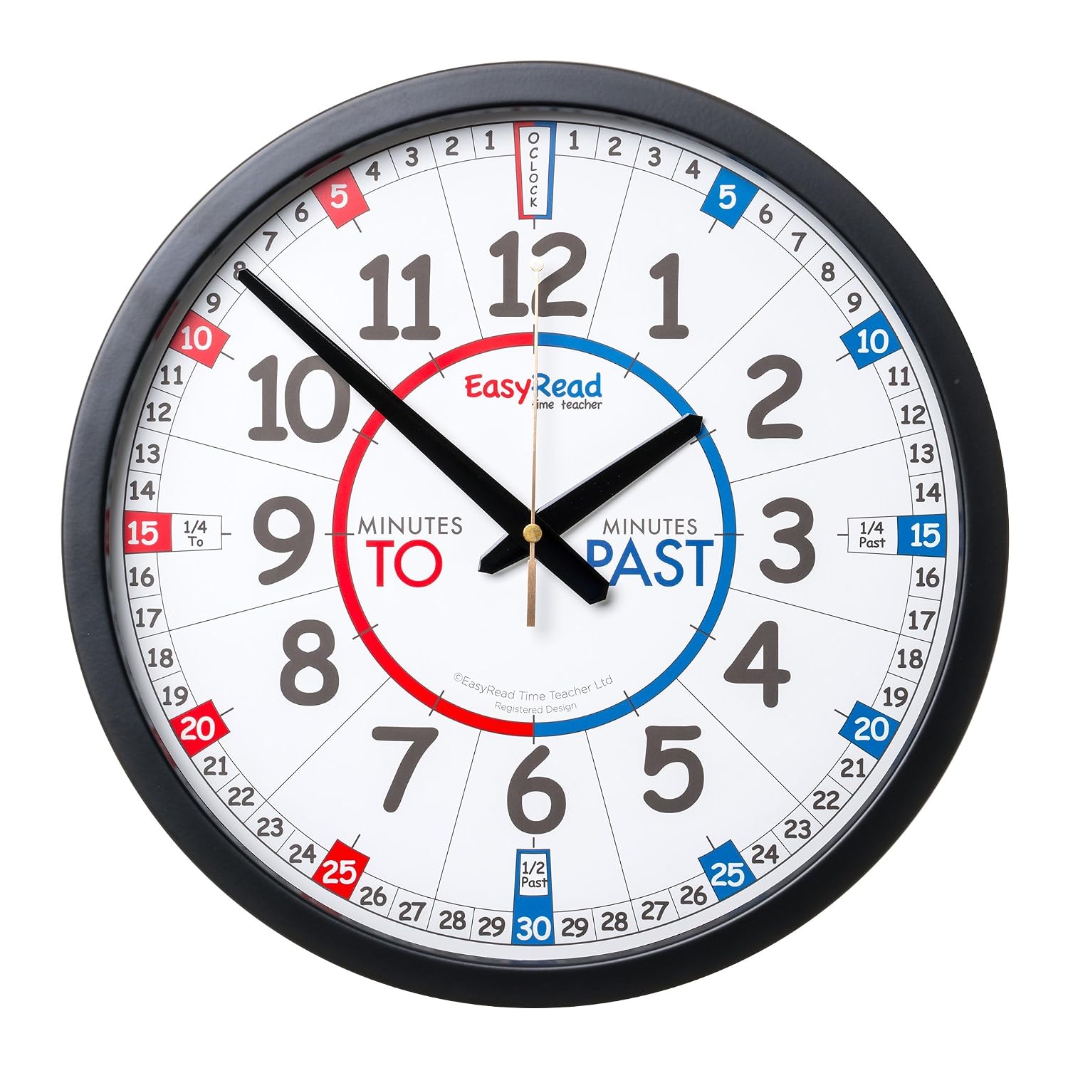 EasyRead Playground Clock, 36 cm, English 36 diameter weatherproof powder-coated steel wall clock; red & blue EasyRead Time Teacher 'to & past' dial, black rim; intended for school playgrounds; in English. (0799439437500)