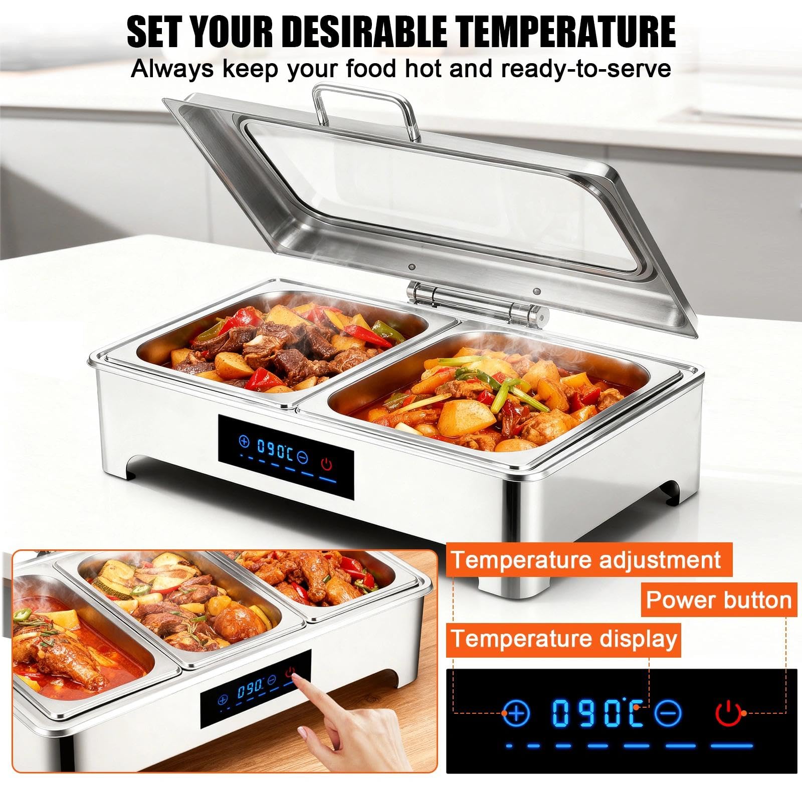 9L Calentador de Buffet de Acero Inoxidable, 400W 220V (1/1) | Chafing Dish Electrico, Calentador de Comida Buffet Electrico con Control Inteligente de Temperatura para Buffet, Catering