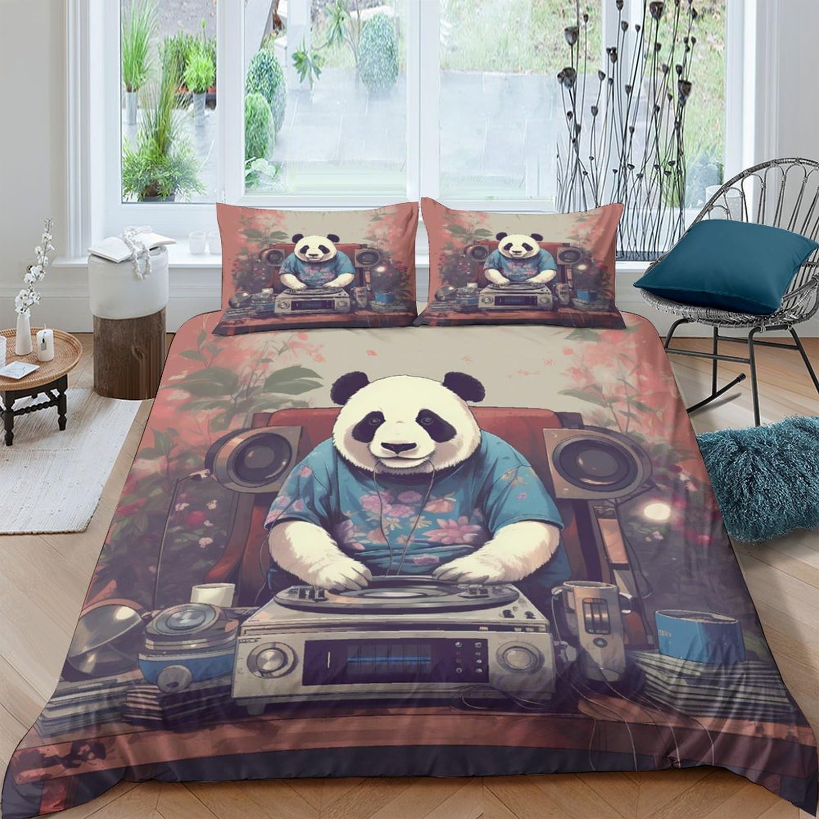 Ctjqhvkz Style-1 3D Printed Dj Panda Fitted Sheet Microfiber Soft Breathable Headphone Street Art Mattress Cover Bedroom Decor Single（135X200cm）