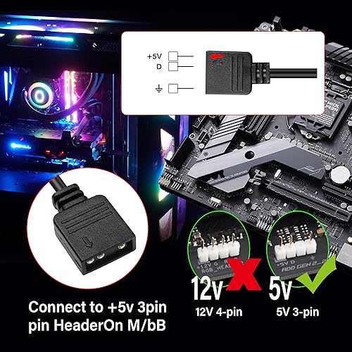 Miniatura 6 de GINTOOYUN Cable de extensión RGB, cable adaptador de conector ARGB hembra de 3 pines a SM 3 pines, cable de extensión RGB direccionable de 5 V y 3