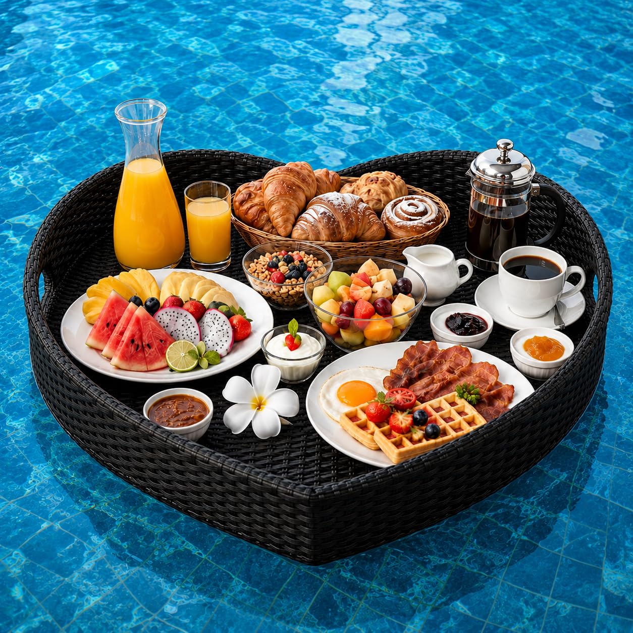 Mesa de Desayuno de Ratán para Piscina, 60 x 20 cm, 4 Colores HeartBlack | Ratán PE Tejido, Soporte de Aluminio, Borde Elevado y Dos Asas Equilibran Alimentos y Bebidas sobre Aguas Tranquilas en Spa.