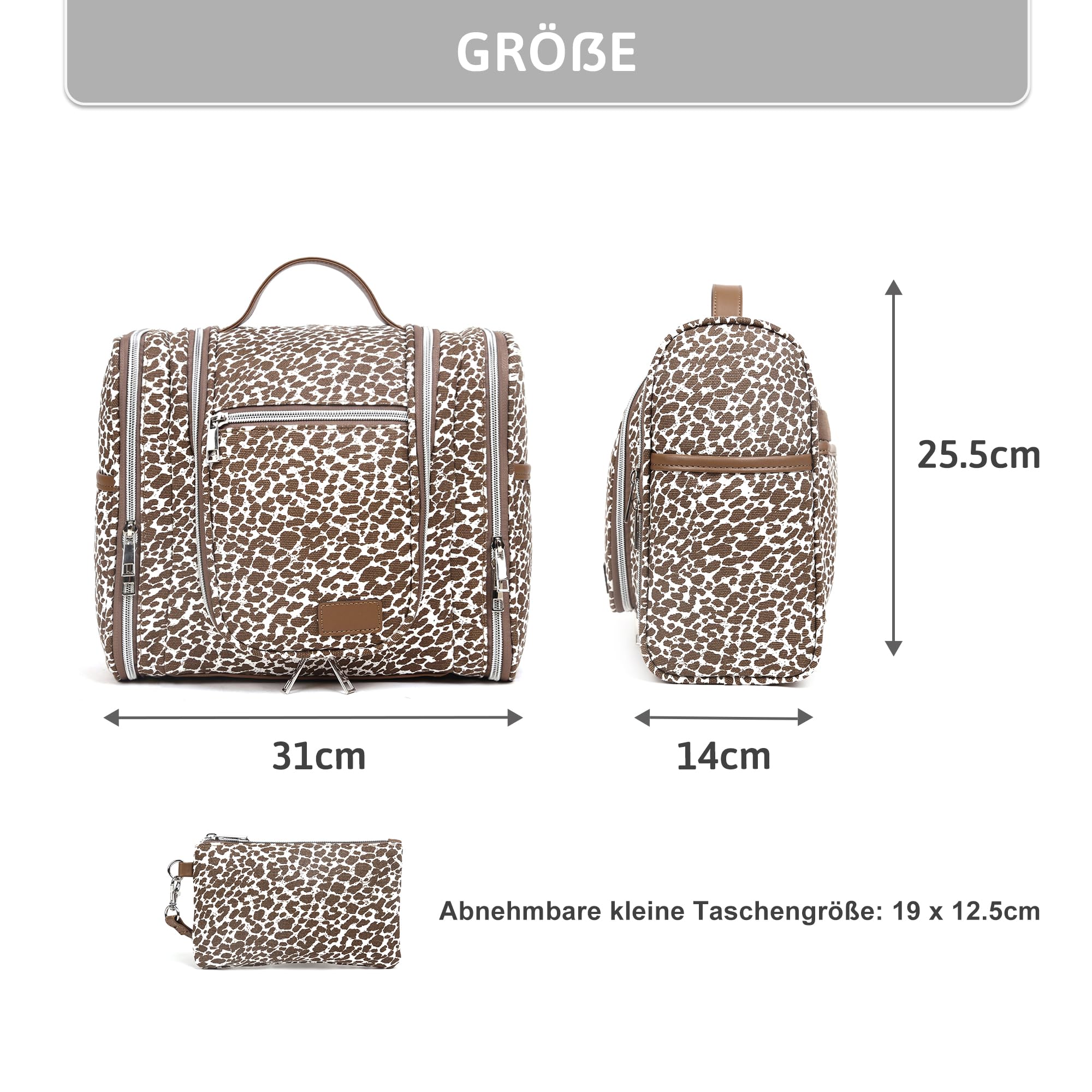 Pearl Angeli Beauty case da donna, grande, da appendere, A6-kaki leopardato, Beauty case | Beauty case da viaggio, grande, organizer per trucchi con gancio e manico, borsa impermeabile