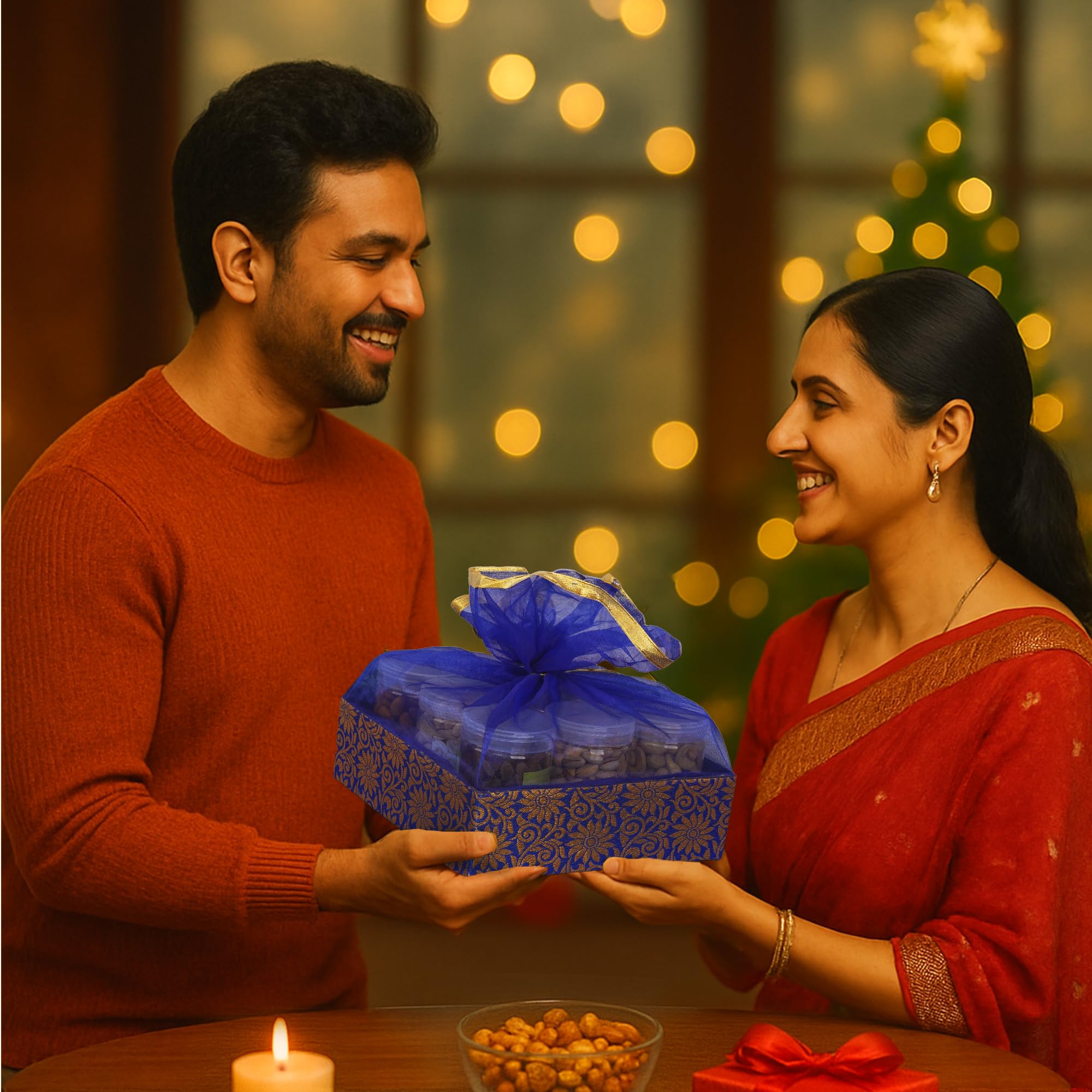 GROWNEX Set of 3 Rakhi Gift Hamper Baskets, Dry Fruits Storage, Wedding Shagun Trousseau Return Gift Trays, With Net, Baby Shower Baskets (Floral Blue) 2