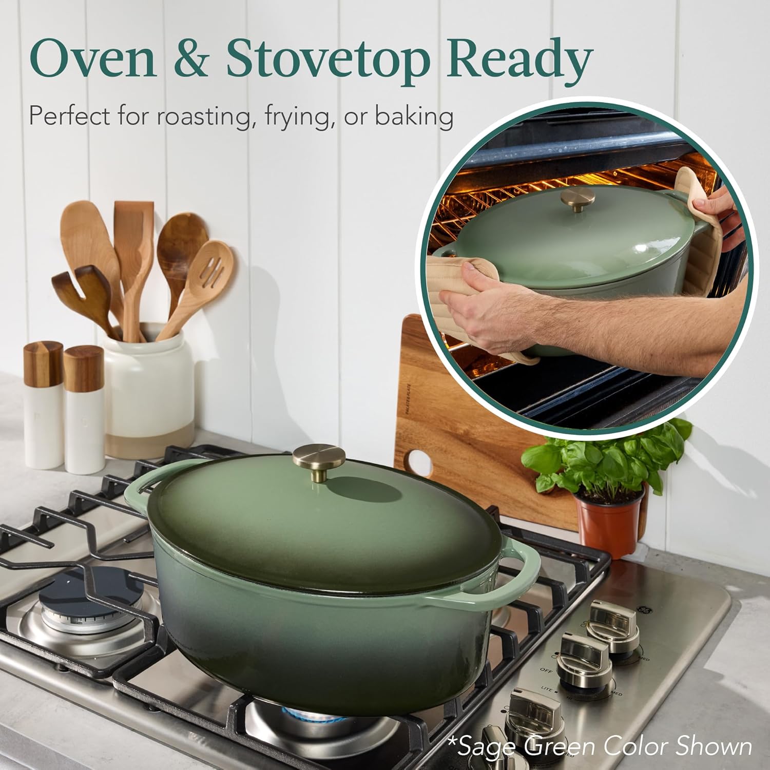 Dutch oven on a gas stovetop and being placed into an oven
