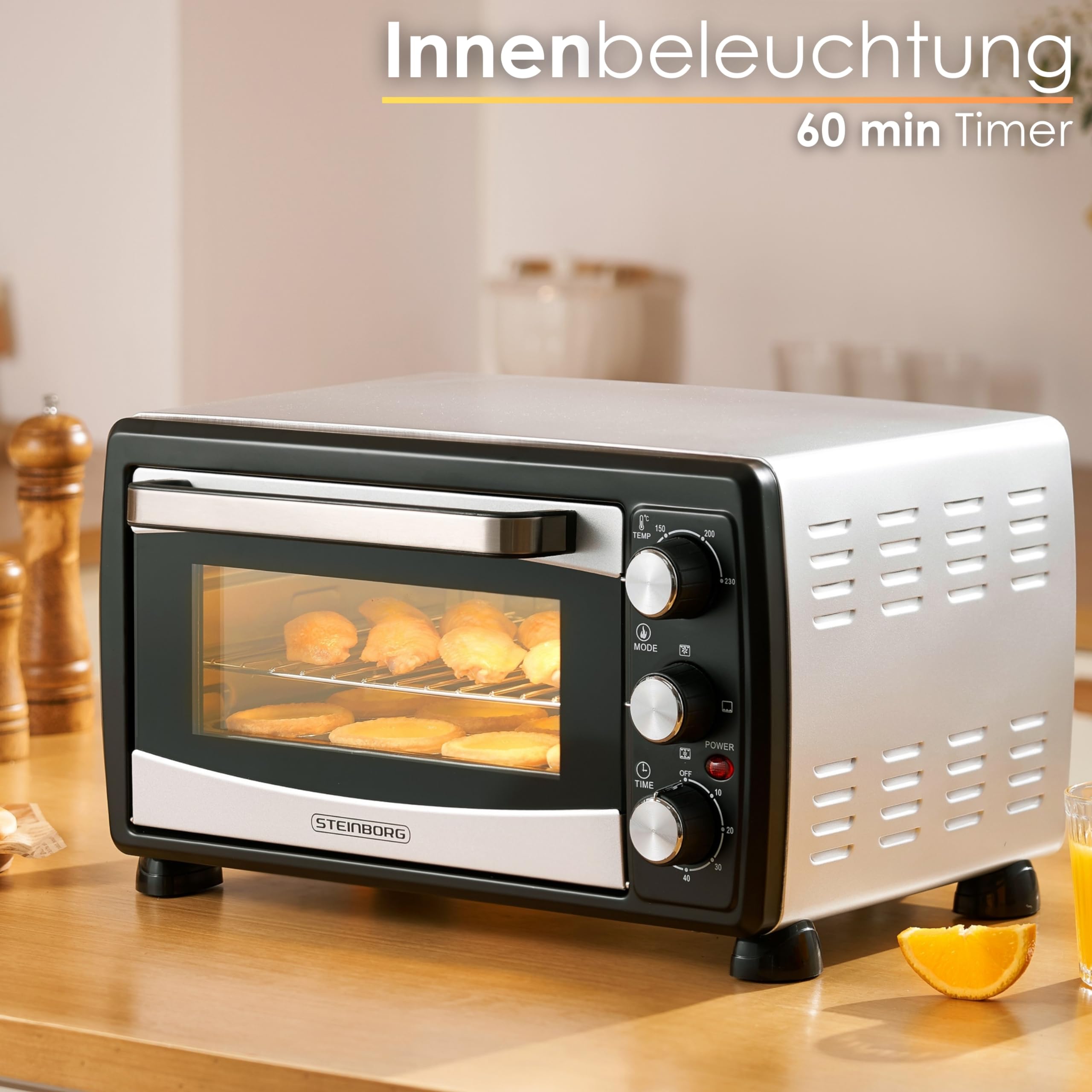Mini horno 3 en 1 para pizza con aire circulante, 20 litros, 1380W, control temperatura 100-250°C, parrilla extraíble, temporizador 60 min, Negro