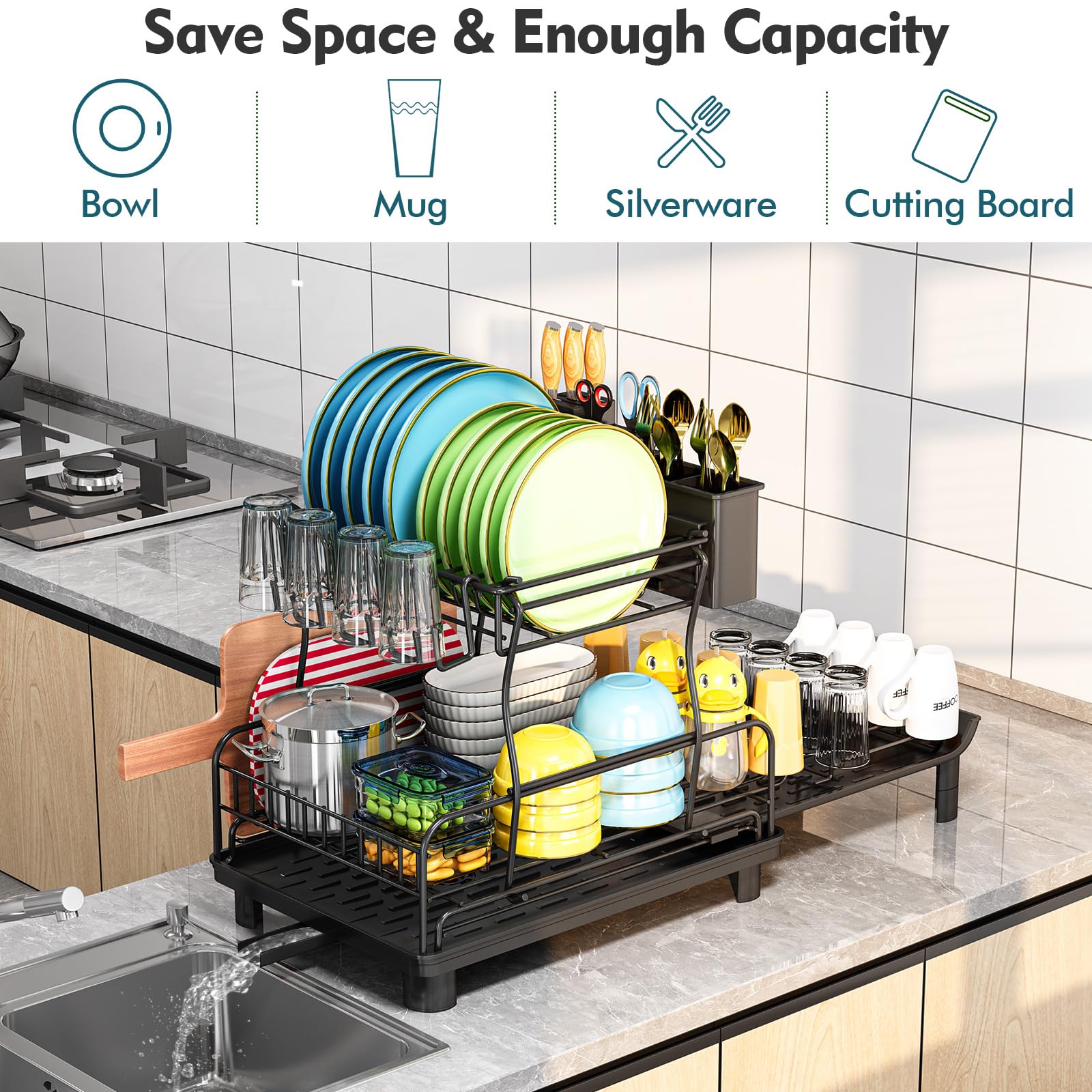 YKLSLH Expandable Dish Drying Rack, 2 Tier Dish Racks for Kitchen Counter, Durable Kitchen Drying Rack with Drainboard, Glass Holder, Utensil Holder - White