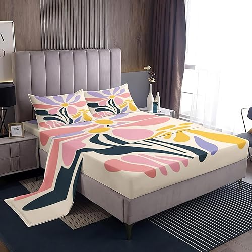Juego de sábanas de tamaño King dividido con estampado floral artístico para cama ajustable, juego de sábanas coloridas con bonito patrón de flores,