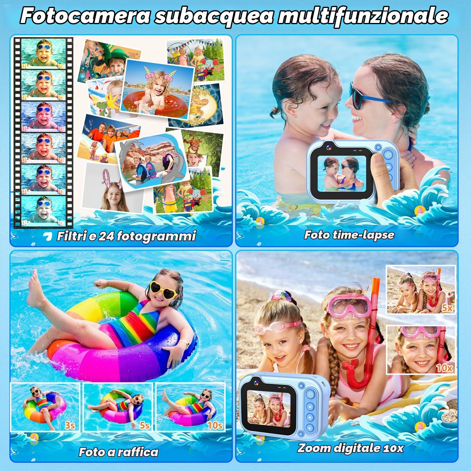 Macchina Fotografica Subacquea 10FT 1080P Full HD 26MP Fotocamera Subacquea Digitale, 10X Zoom Digitale, Telecamera Subacquea Per Selfie Subacquei, Nuoto, Spiaggia, Parco Acquatico - Blu