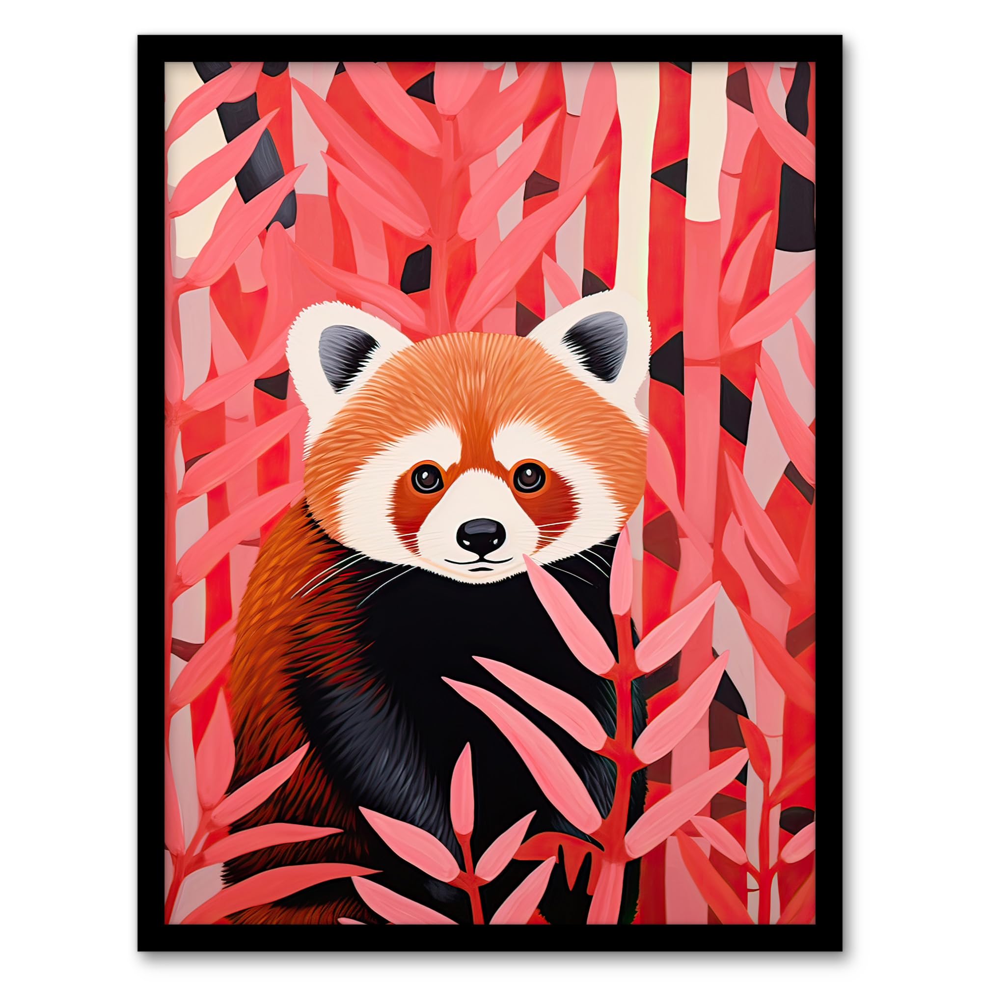 Artery8 Red Panda in Pink Bamboo Forest Oil Painting Artwork Framed Wall Art Print A4