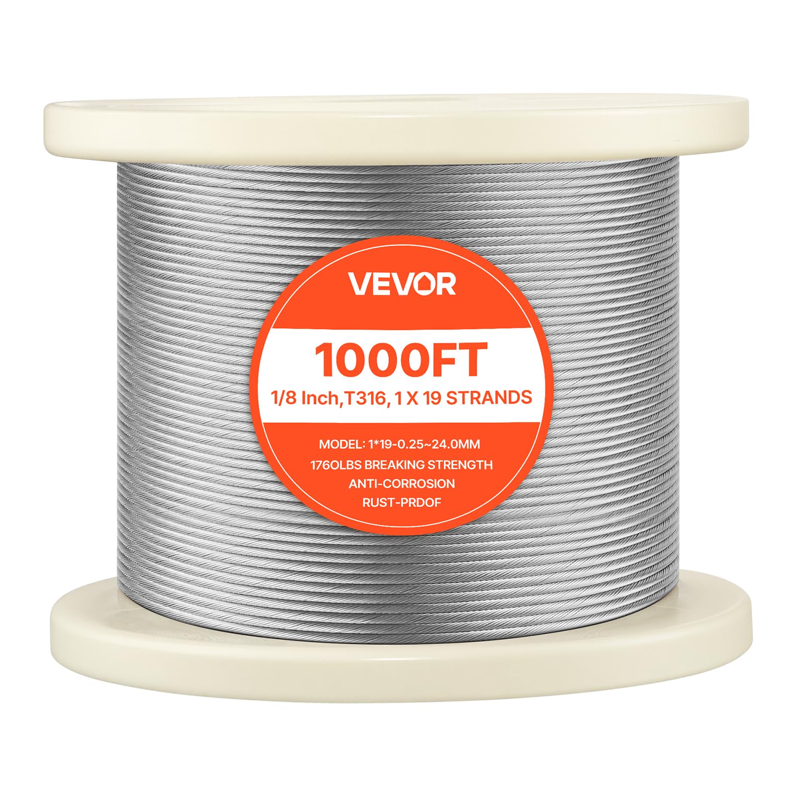 VEVOR Cable de Acero Inoxidable 316 Diámetro de 3,2 mm, Rollo de Cuerda de Alambre 304,8 m, Resistencia a la Rotura de 798,3 kg, Construcción de 1 x 19, para Barandillas y Enrejados de Jardín