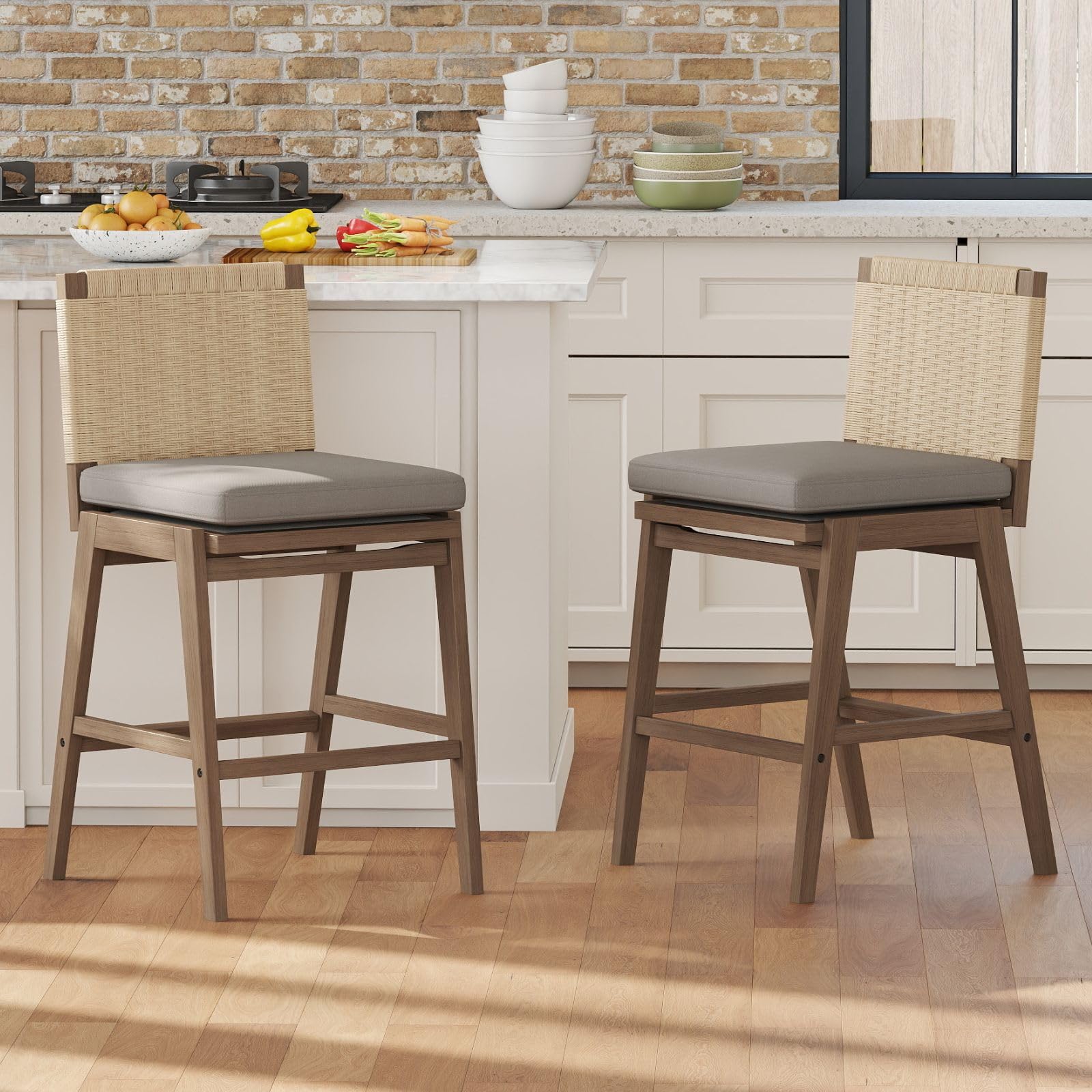 LukeAlon Woven Linen Counter Stools Set of 2, 27.25" Seat Height Low Barstools with Solid Wood Legs Mid Century Kitchen Stools Square Rope Back with
