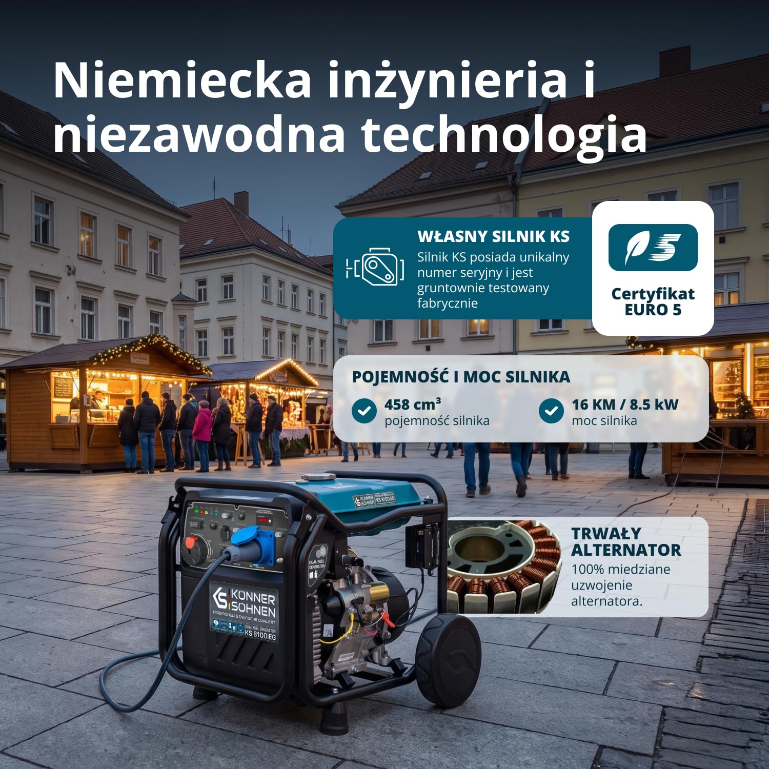 Generator Prądu Inwertorowy Agregat Prądotwórczy Gazowo-Benzynowy Könner & Söhnen KS 8100iEG, 8000 W, 16KM