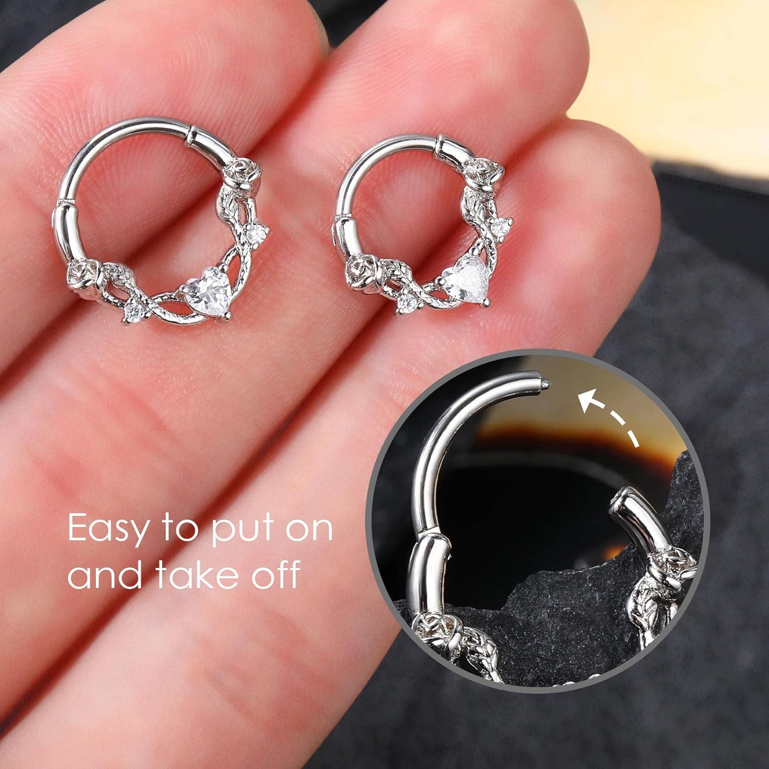 CM Crareesi Mania Rose Septum Ring 16G Hinged Segment Rings 316L Stainless Steel Daith Earrings Heart CZ Septum Daith Helix Cartilage Piercing Jewelry Piercing Jewelry - Image 5