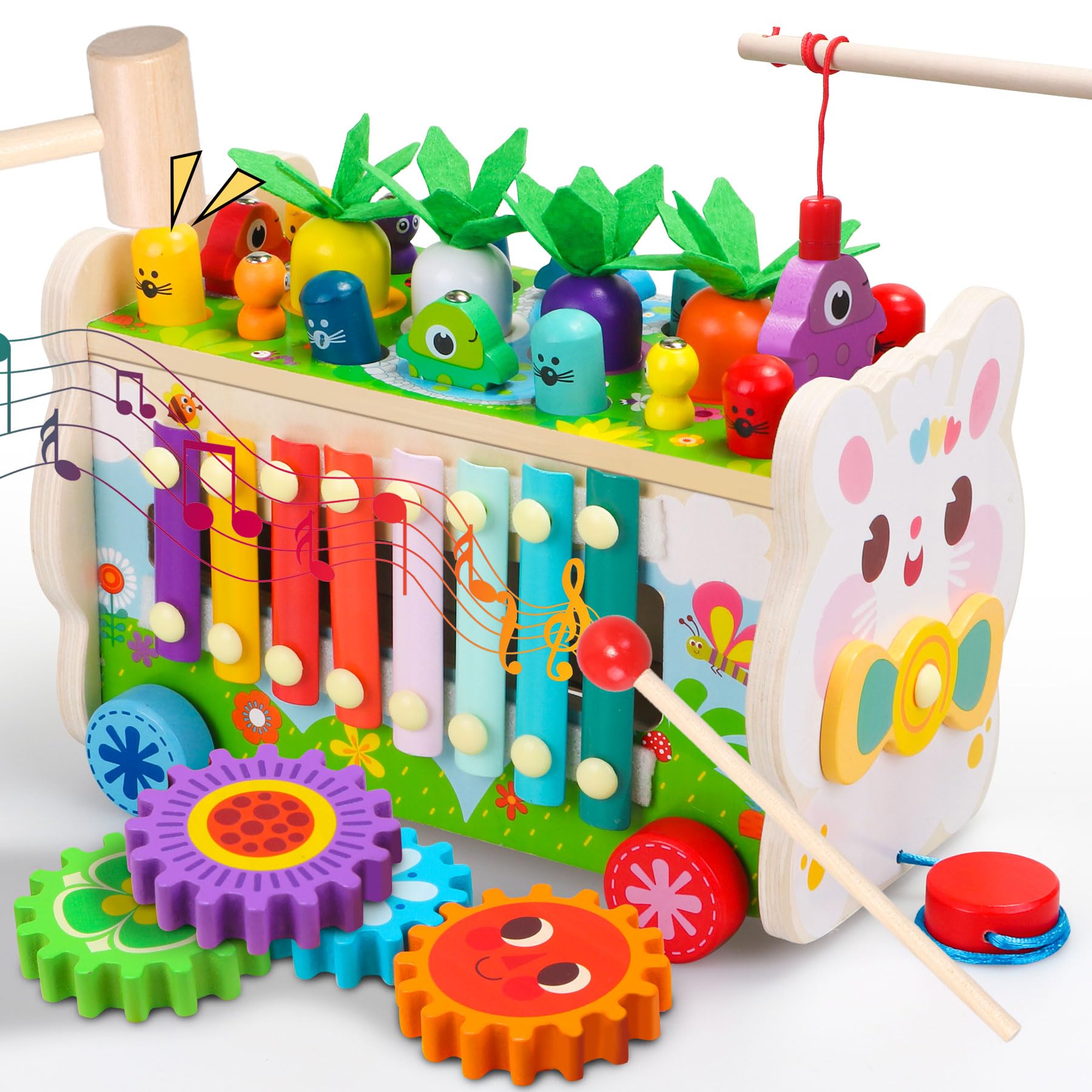 9 in 1 Montessori Toys for 1 Year Old, Wooden Hammering Pounding Toy Game with Xylophone for Toddlers 1-3, Gears and Carrot Harvest,1 Year Old Girl Birthday Gifts, Learing Toys for Babies
