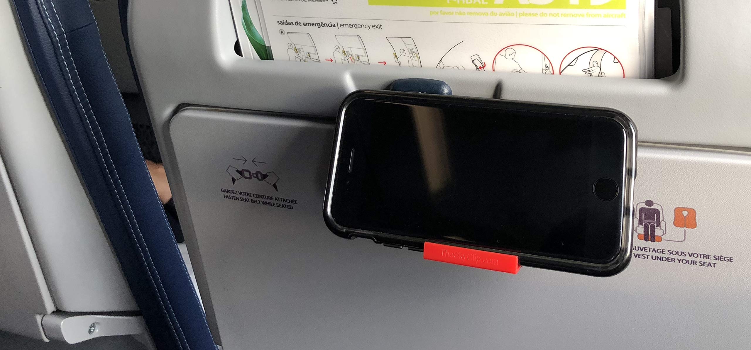 The SkyClip Bandeja para teléfono celular de avión para parte trasera del asiento, clip de mesa y soporte resistente para teléfono, compatible con iPhone, Android, tabletas y lectores, artículo
