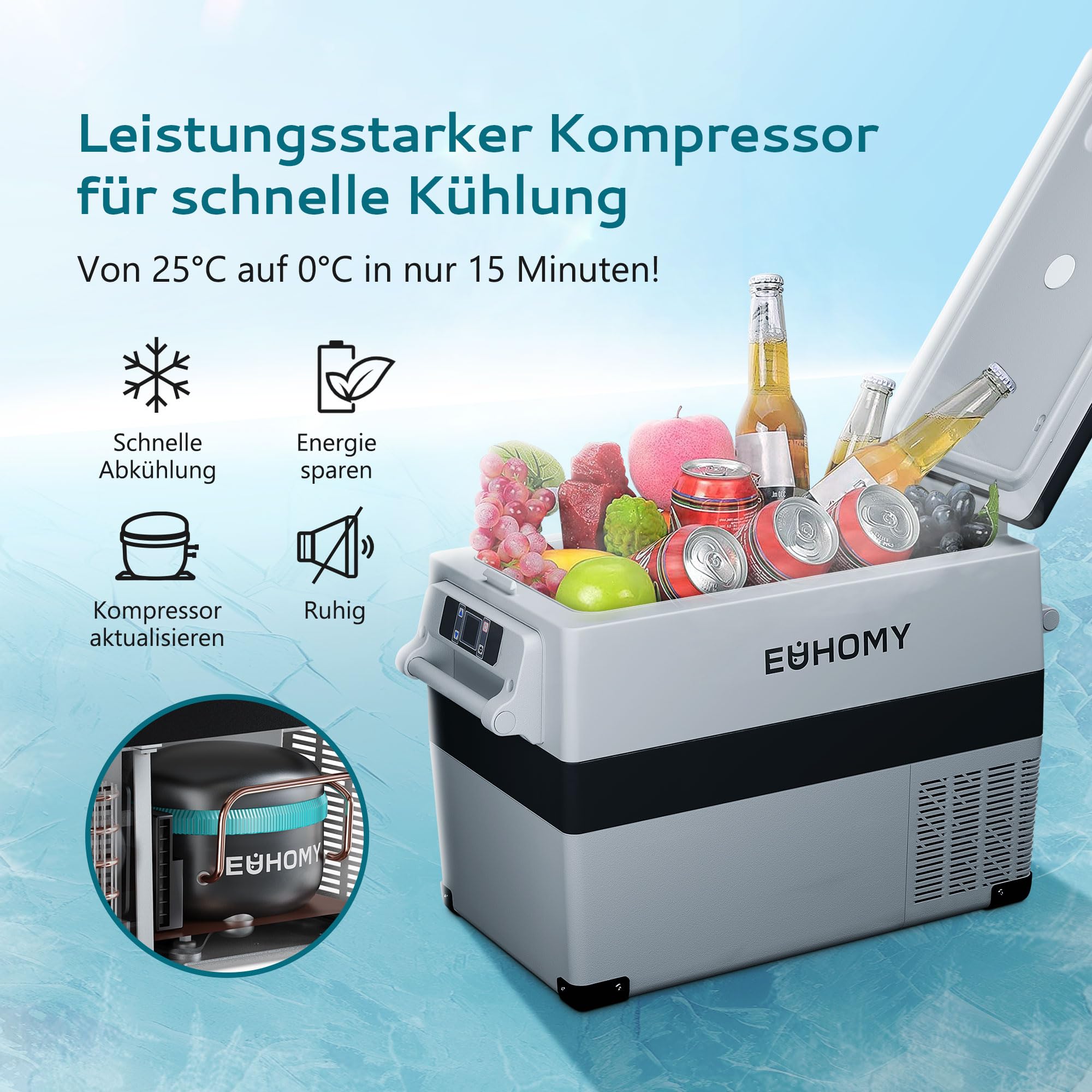EUHOMY Przenośna lodówka 40 l, elektryczna lodówka kempingowa 12 V/220 V, mini lodówka 12 V/24 V, sterowana aplikacją, -20°C do 20°C, do samochodu, ciężarówki, wędkarstwa, kempingu, podróży