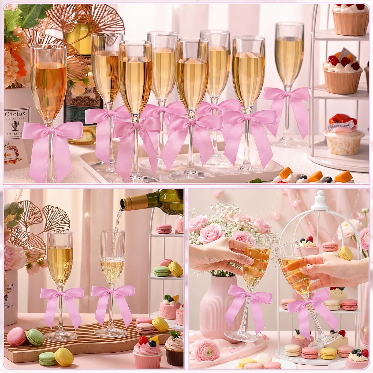 Zopeal Plastic Reusable Champagne Flute Glasses 6 oz and 50 Pcs Bow Set Acrylic Wedding Toasting Goblet 3.5" Bow Unbreakable Wine Cup for Bachelorette Bridal Shower Party(Clear and Pink)