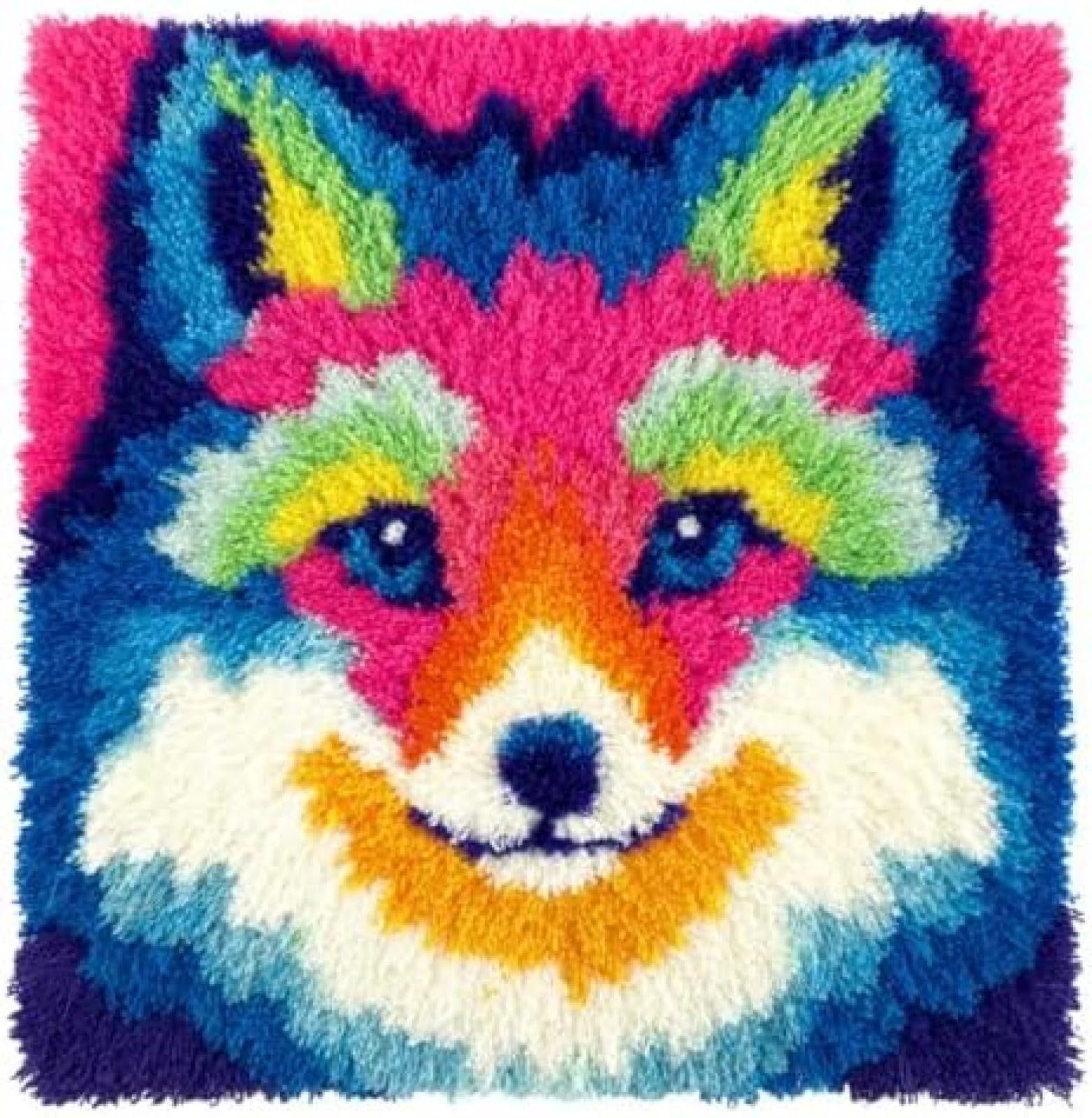 kitphoenix Adults Beginner Latch Hook Craft Kit,Arctic Fox Portrait,Cushion Cover DIY Set with Printed Canvas and Pre-Cut Yarn,43x43 cm