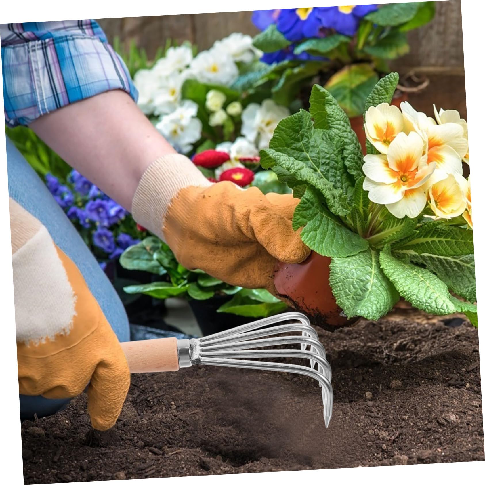 Tofficu 3 Stück Handrechen mit Holzgriff Kleiner Gartenrechen für Bodenlockerung Unkrautentfernung und Pflanzarbeiten Vielseitiges Gartenwerkzeug für Garten und Strand Ergonomisch und