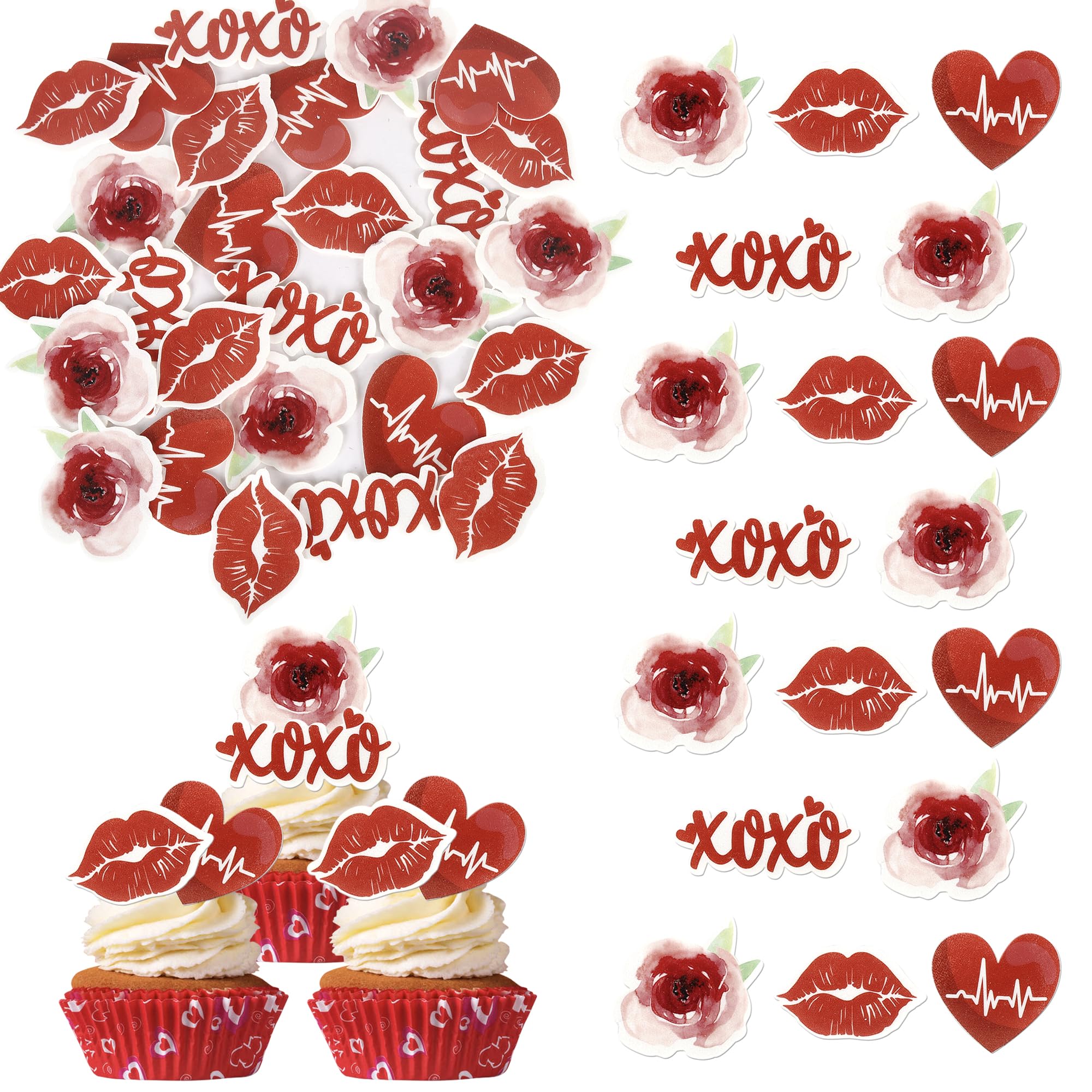60 PCS Edible Happy Valentine's Day Cupcake Toppers Sweet Love Heart Lips Be Mine Valentines Cake Decorations Edible Rose Flower Cupcake Picks for