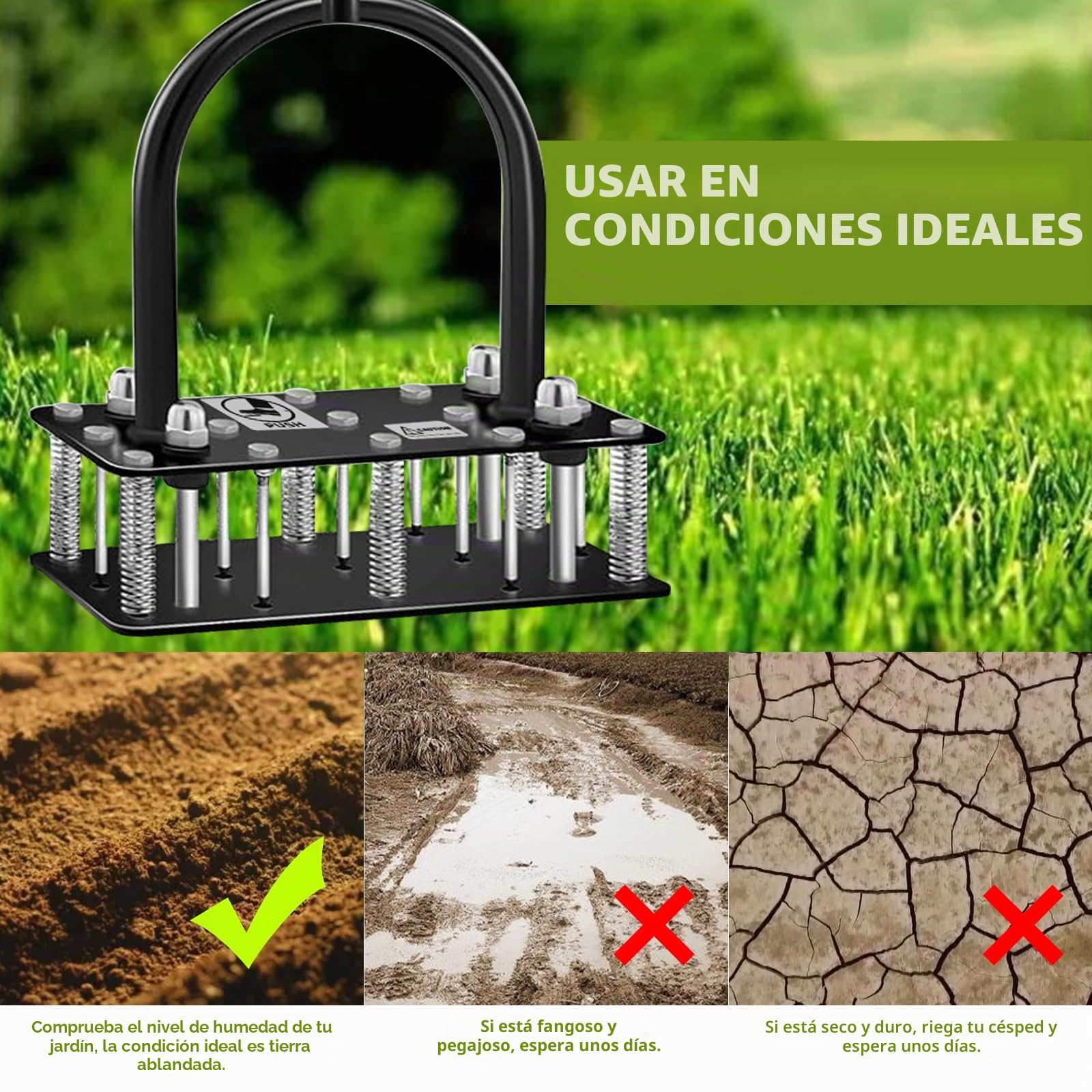 Aireador Cesped, Aireador de césped con 15 Púas de Hierro, Limpieza automática de Hojas y Suciedad, Escarificador Cesped Manual Ajustable en Altura para Cuidado del césped Patio Jardín