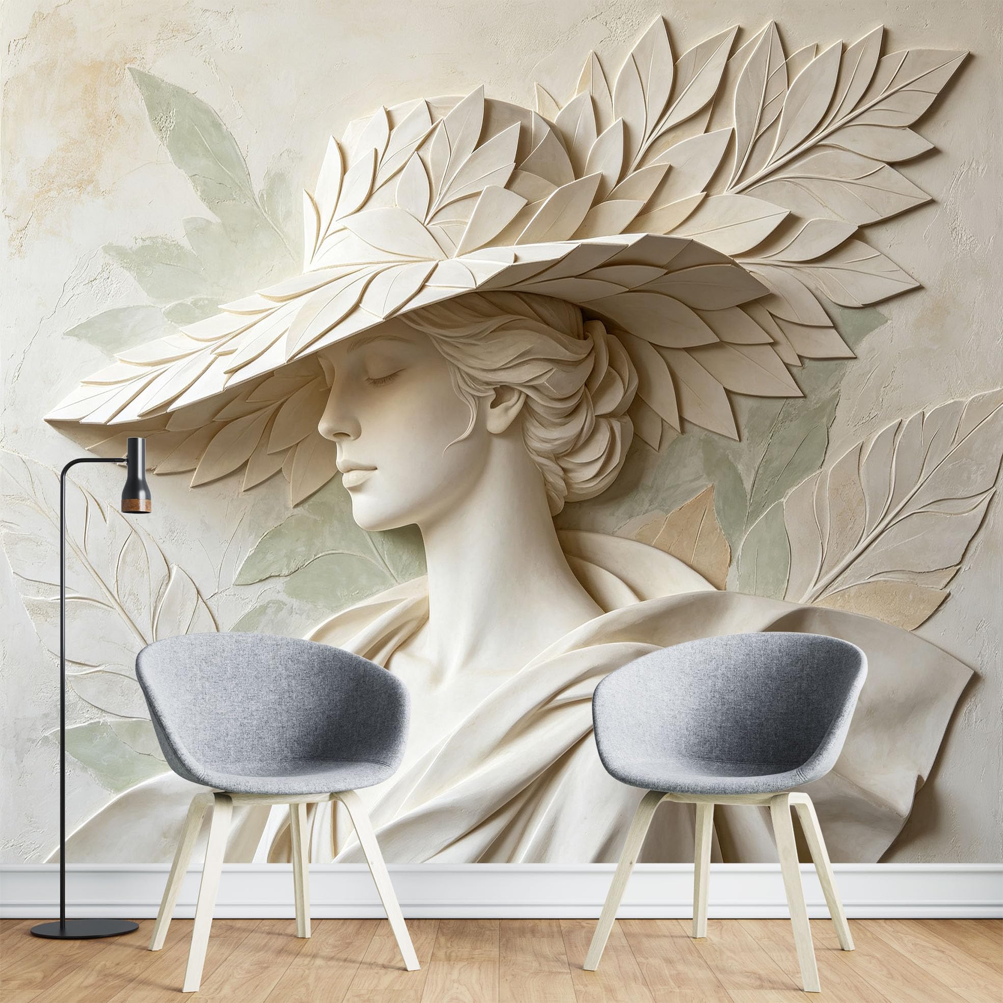 Papier Peint Mural Intissé 200 x 140 cm Motif Femme Élégante Au Chapeau Feuilles Style Sculpture Grecque Décoration Fresque Murale Esthétique pour Salon Ou Chambre.