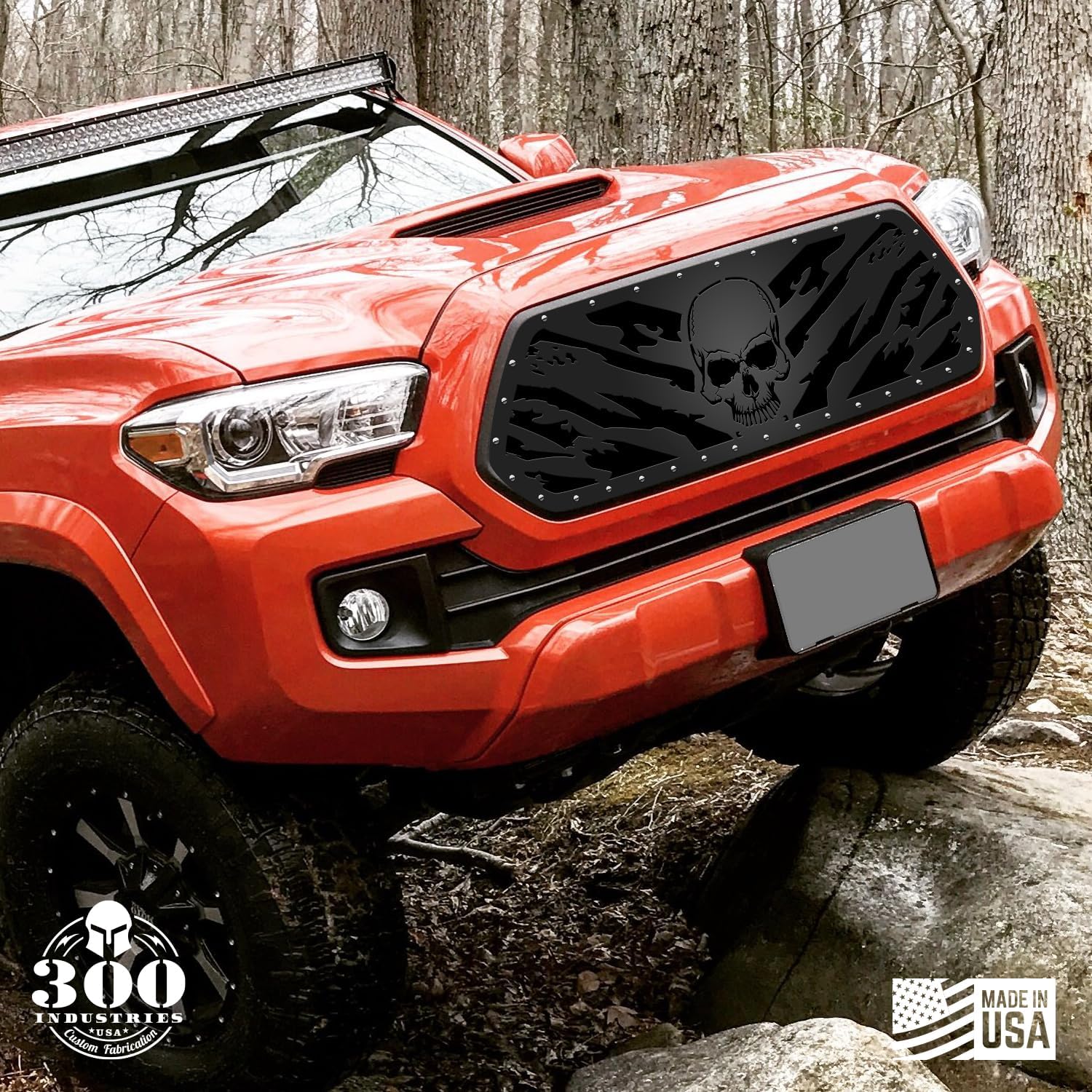 300 Industries Steel Grille Compatible with Toyota Tacoma 2016-2017 - Single Piece Powder Coated Satin Black - Nightmare