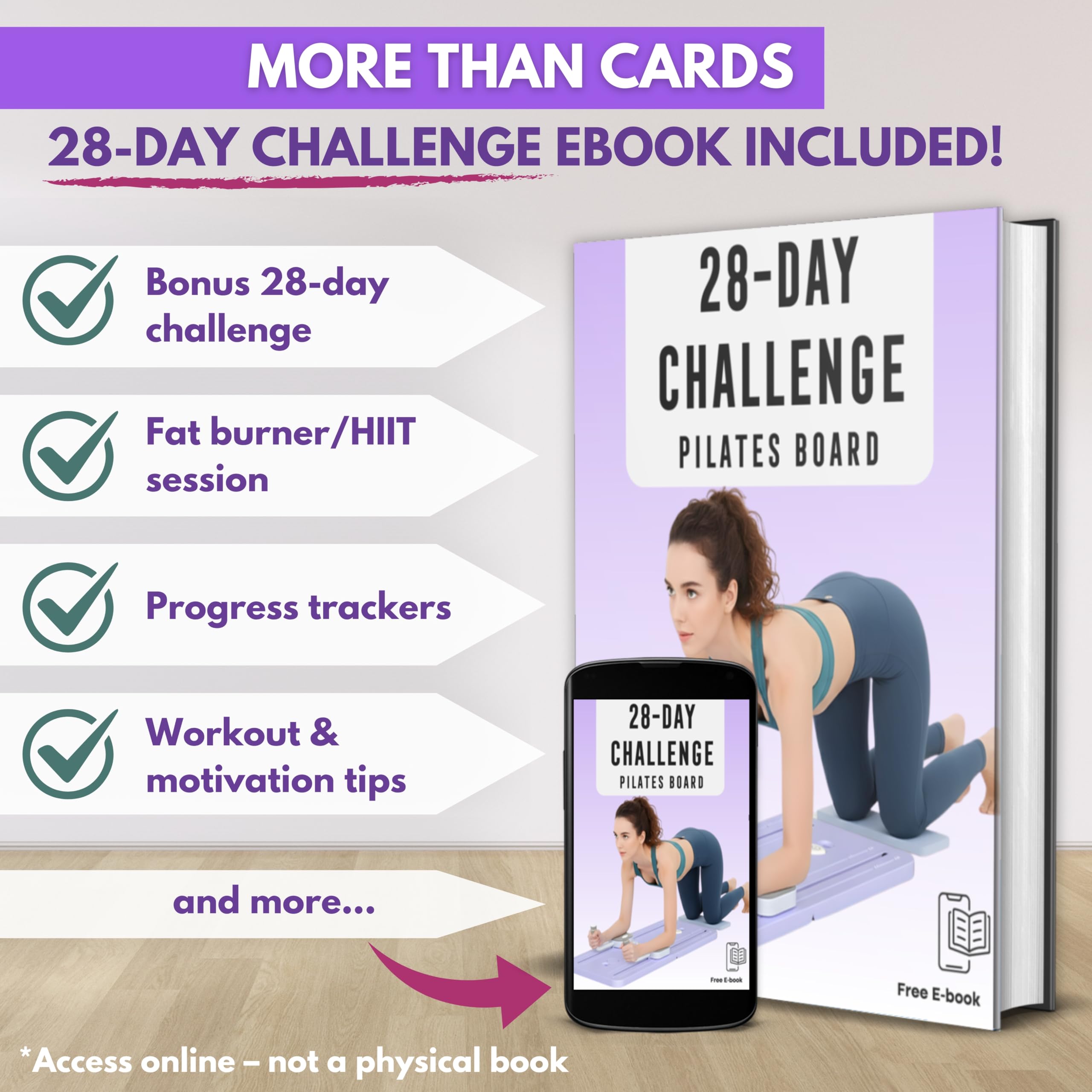 Cartes d'entraînement pour planche de pilates – 67 cartes d'exercice avec vidéos et plan d'entraînement – Comprend un défi de 5 semaines, un ebook, un tableau de progrès et 2 anneaux pour une