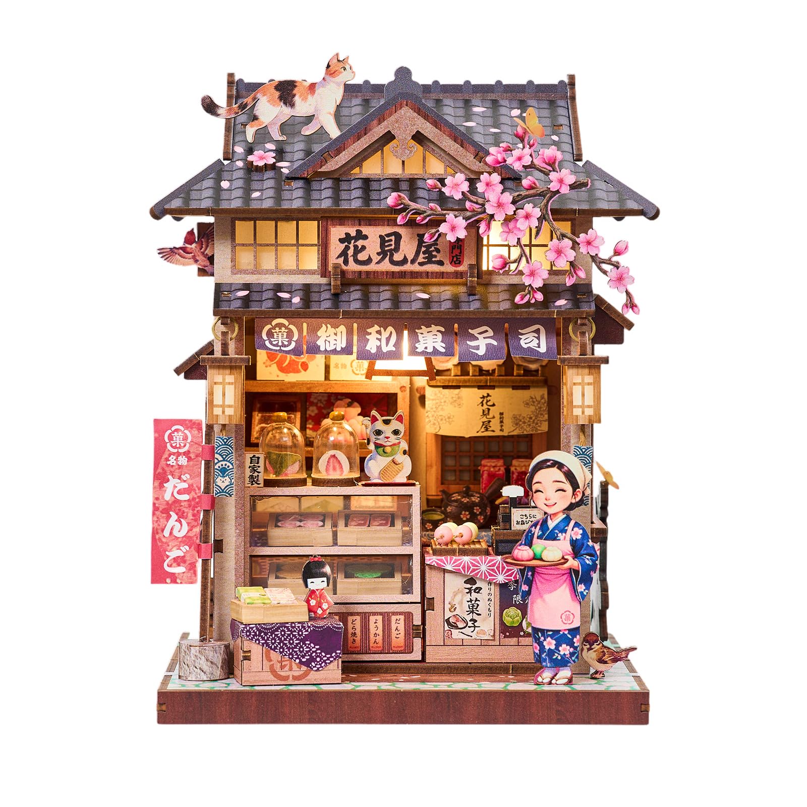 Hanamiya - Kit fai da te per casa delle bambole in miniatura, puzzle 3D in legno con luce LED, fiori di ciliegio e mobili, decorazione accogliente per la casa, hobby rilassante per adulti
